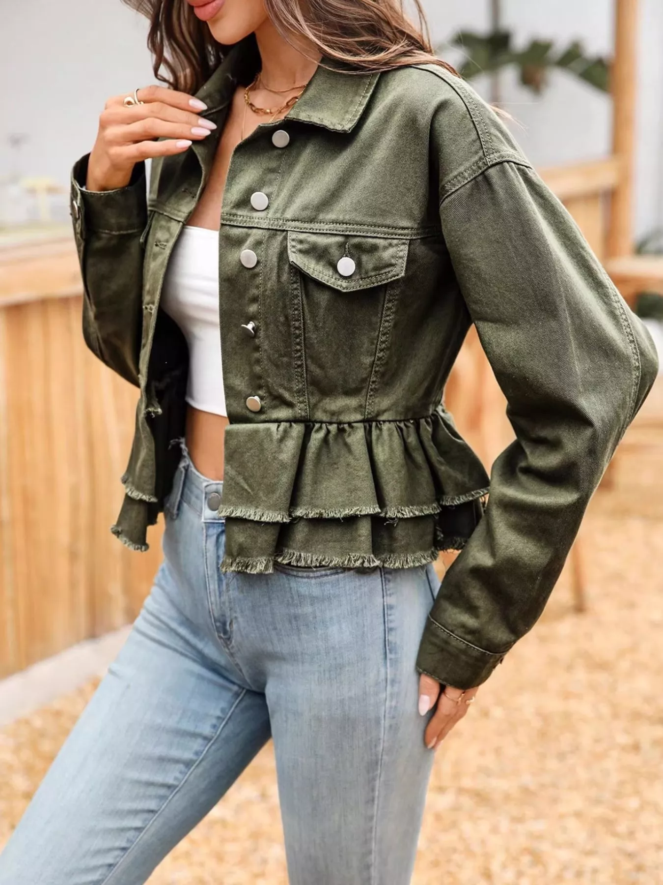 Ruffle Raw Hem Denim Jacket - Image 4