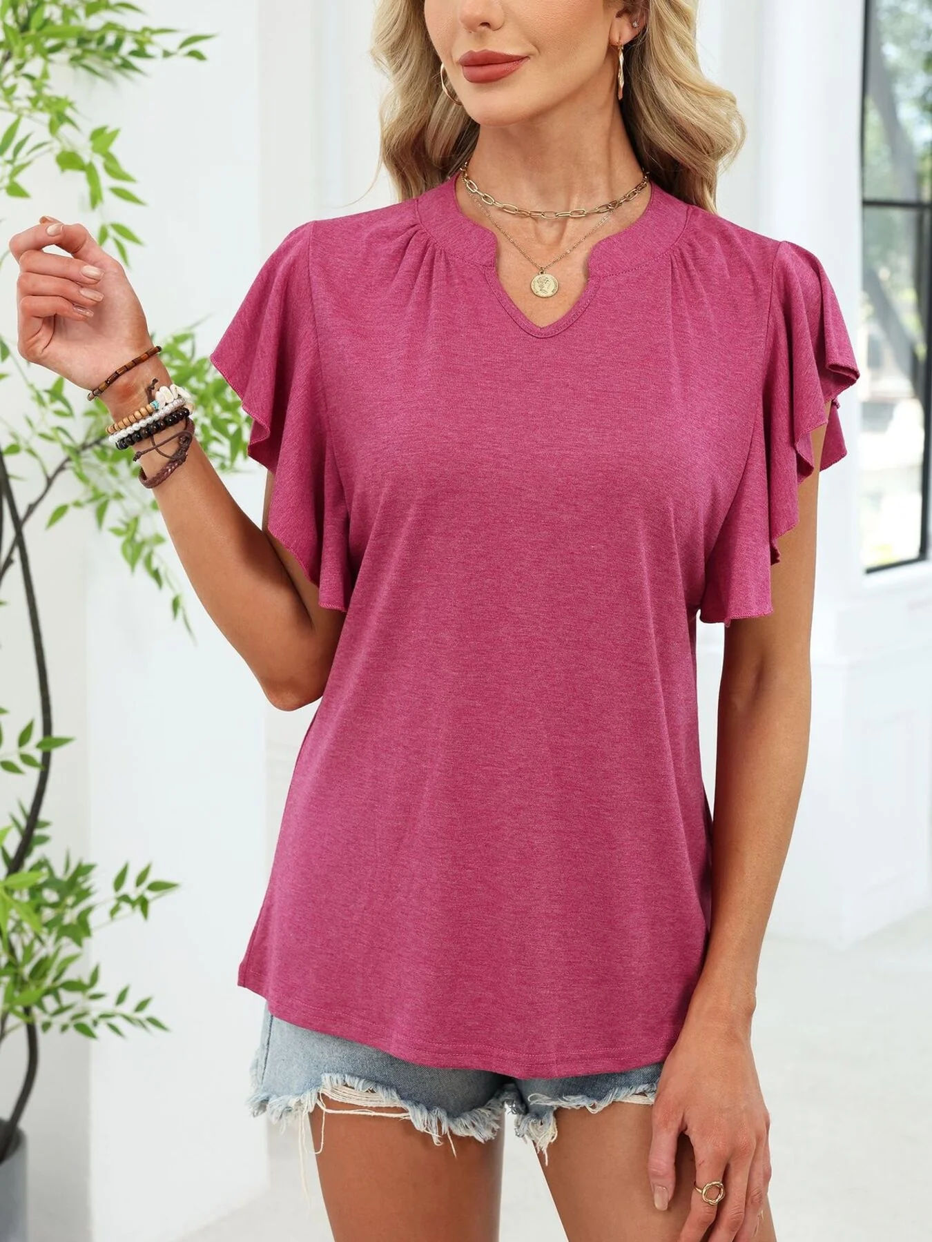 Ruffle Sleeve Notched T-Shirt - Image 25