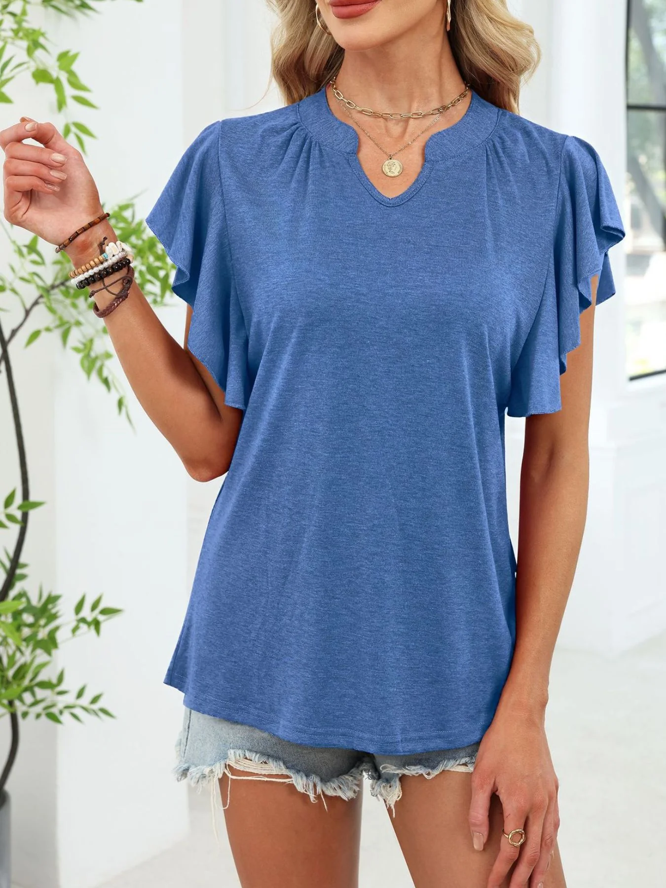 Ruffle Sleeve Notched T-Shirt - Image 31