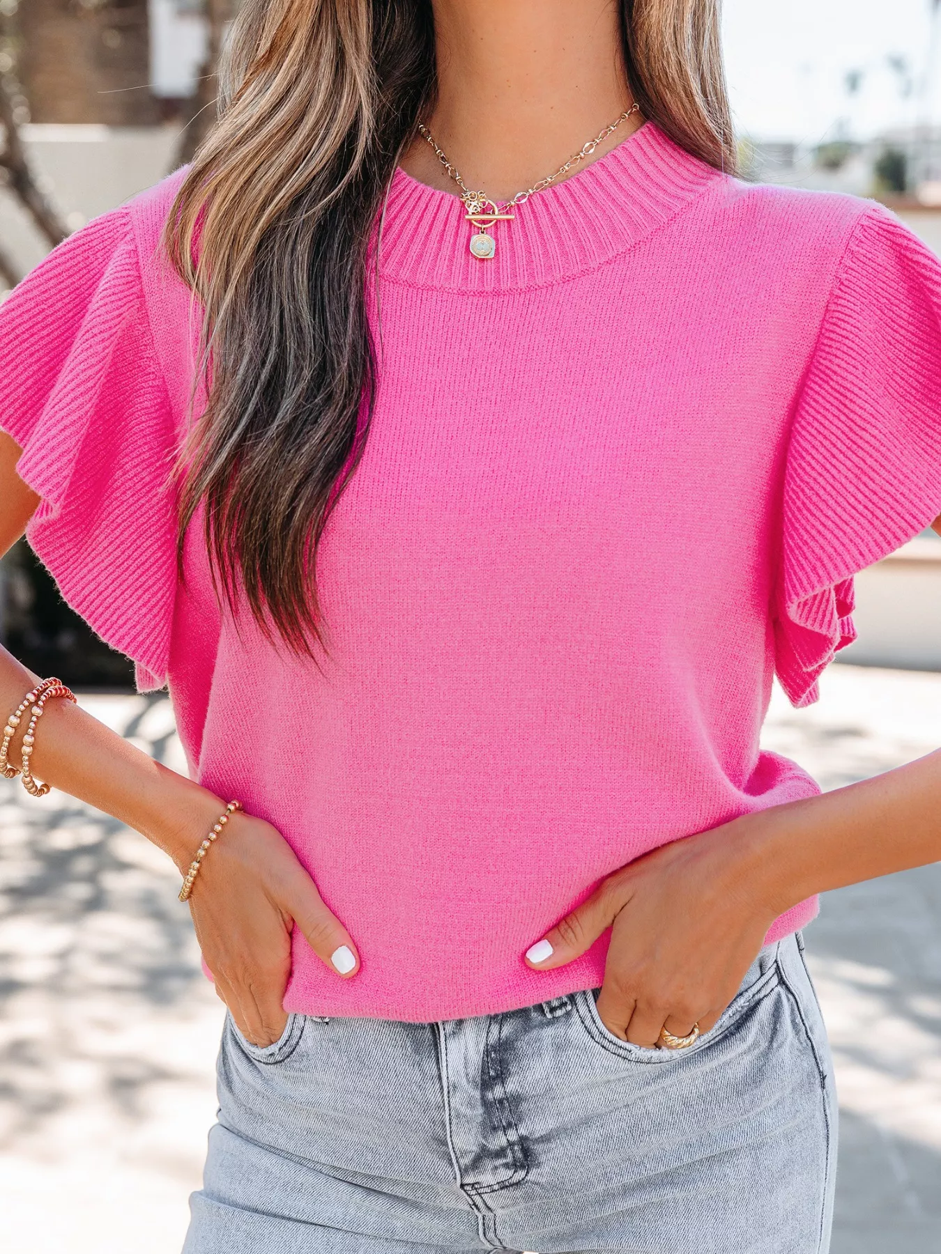 Ruffle Sleeve Round Neck Sweater - Image 4
