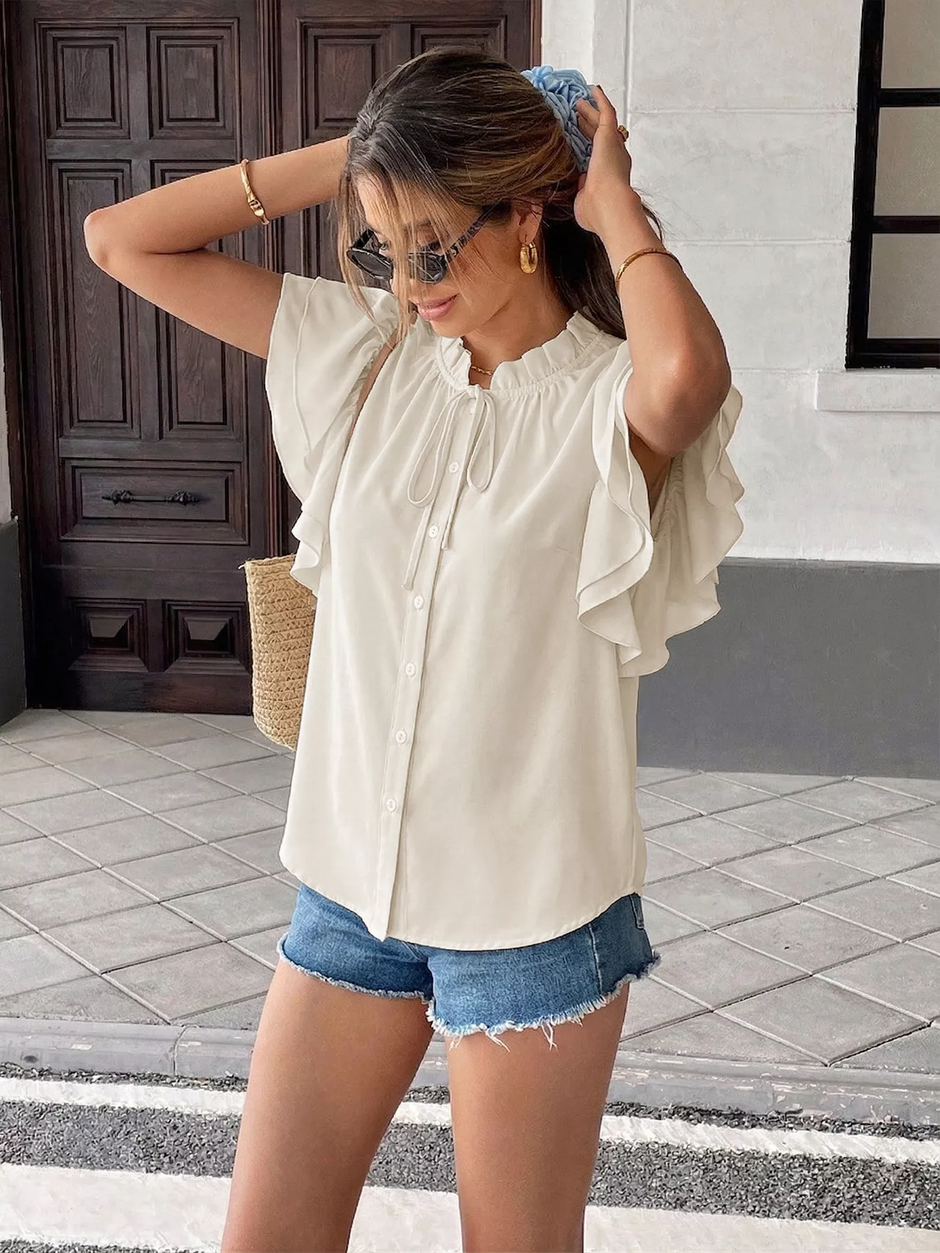 Ruffle Sleeve Tie-Neck Shirt - Image 5