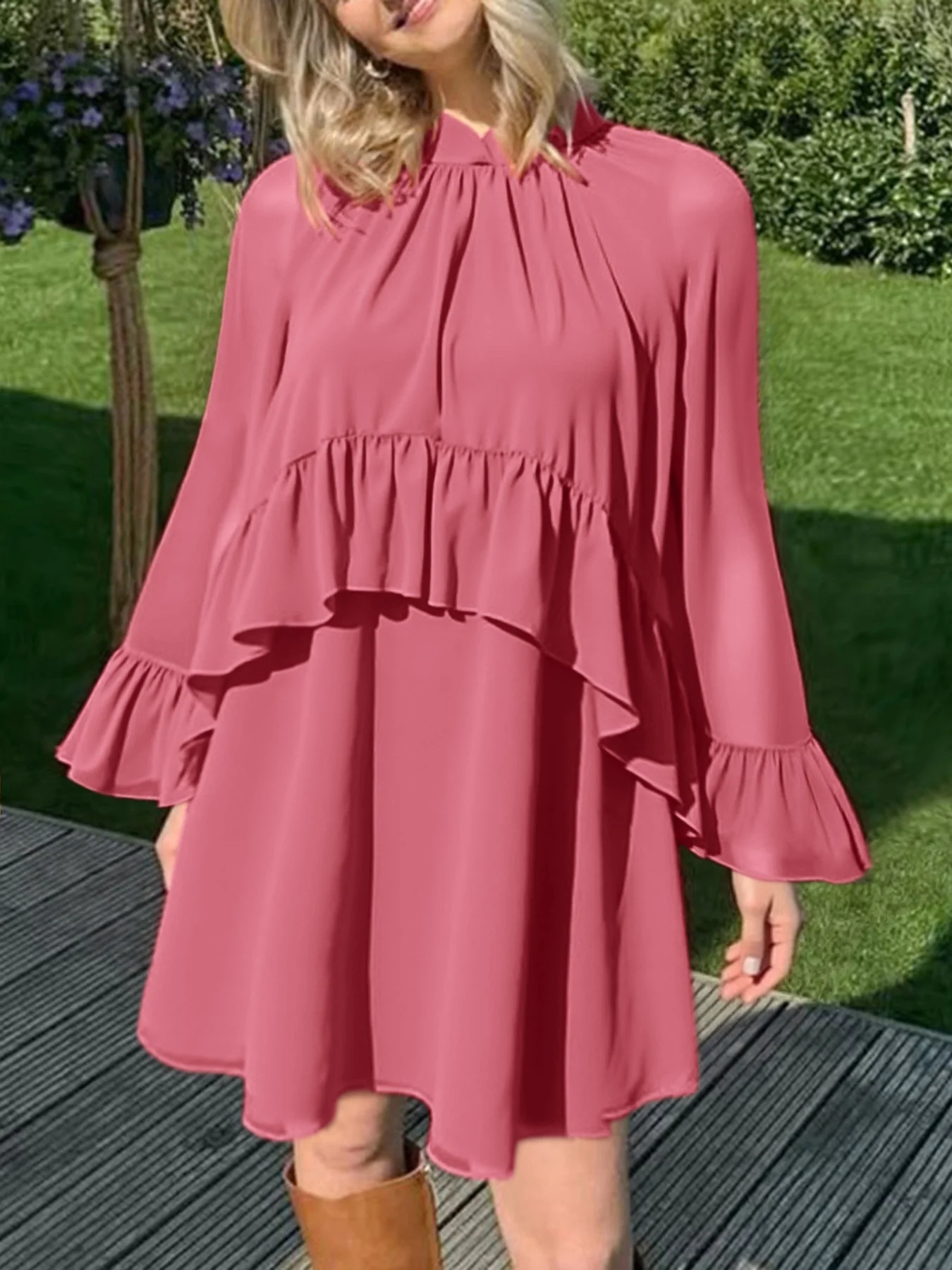 Ruffle Trim High Neck Mini Dress - Image 2