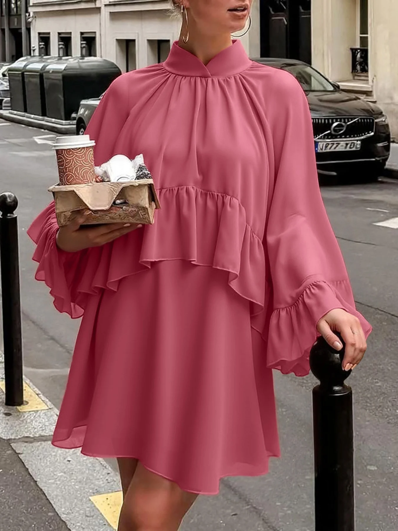 Ruffle Trim High Neck Mini Dress - Image 3