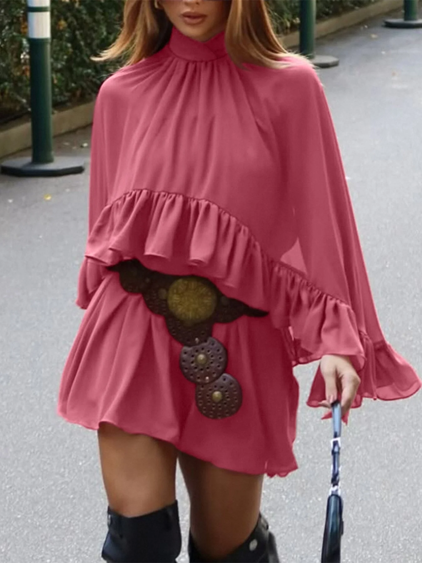 Ruffle Trim High Neck Mini Dress - Image 4