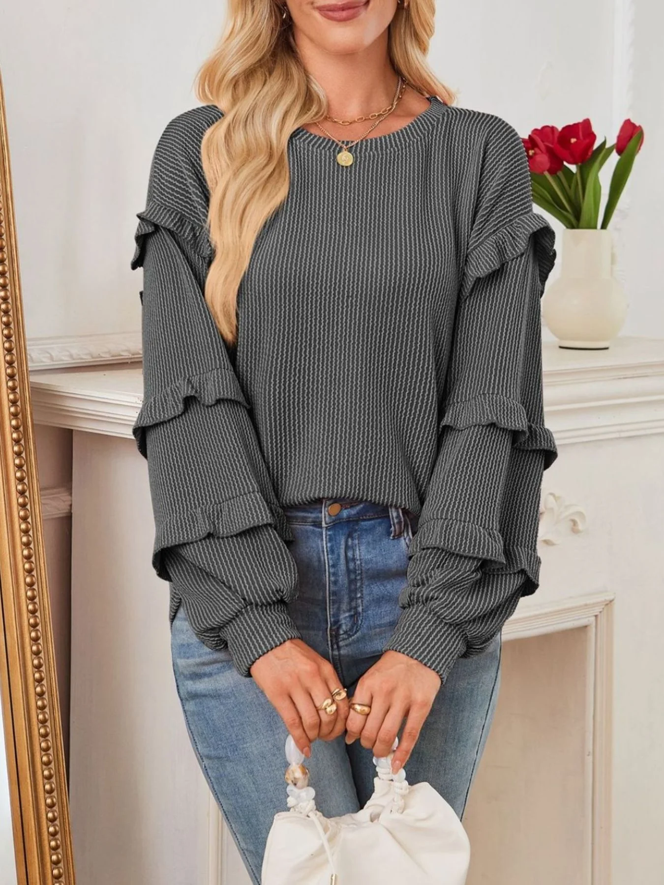 Ruffle Trim Long Sleeve Blouse - Image 2