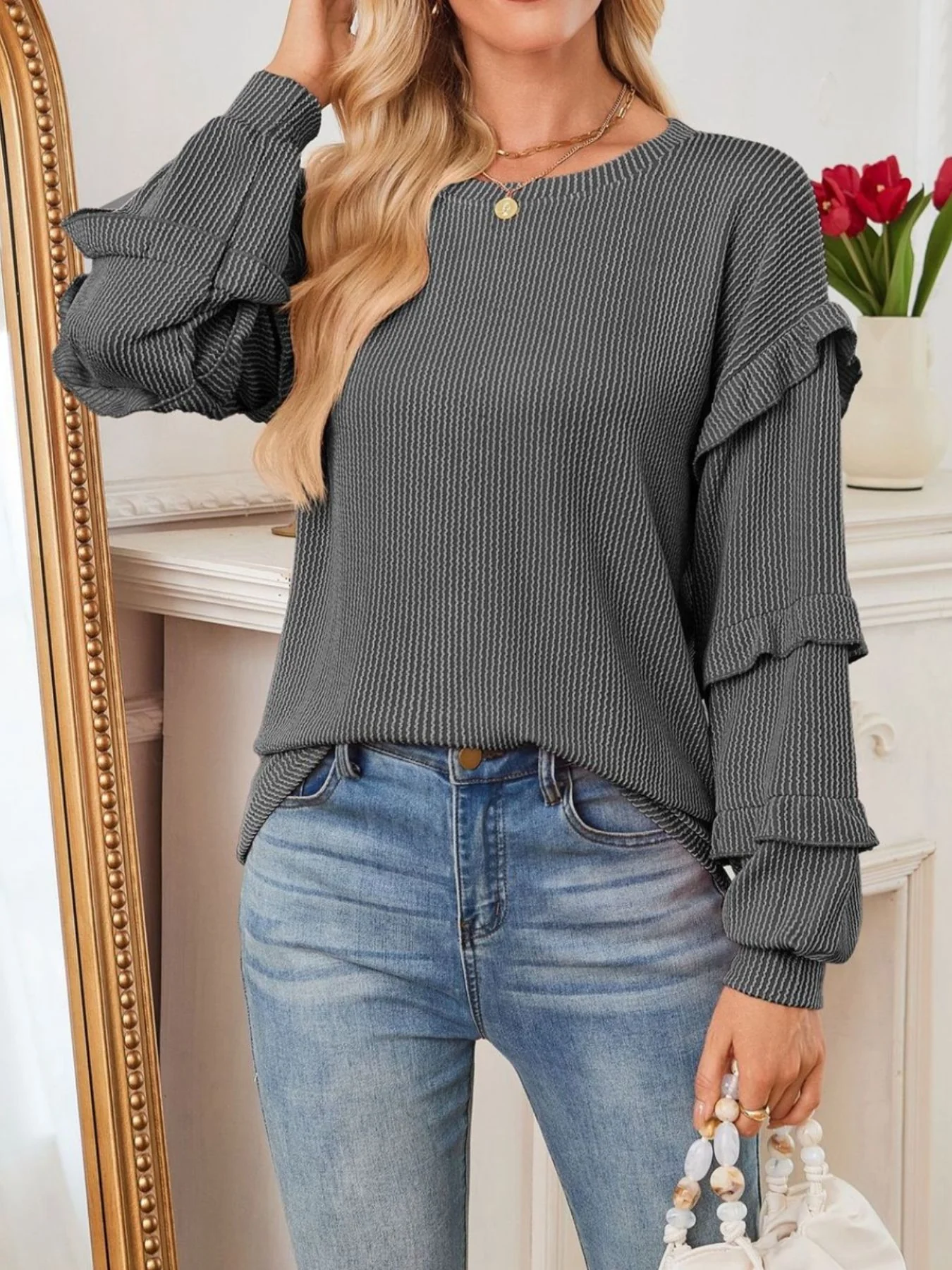 Ruffle Trim Long Sleeve Blouse - Image 3