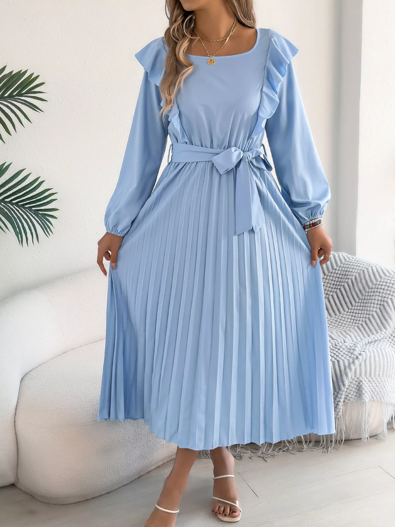 Ruffle Trim Pleated A-Line Midi Dress - Image 4