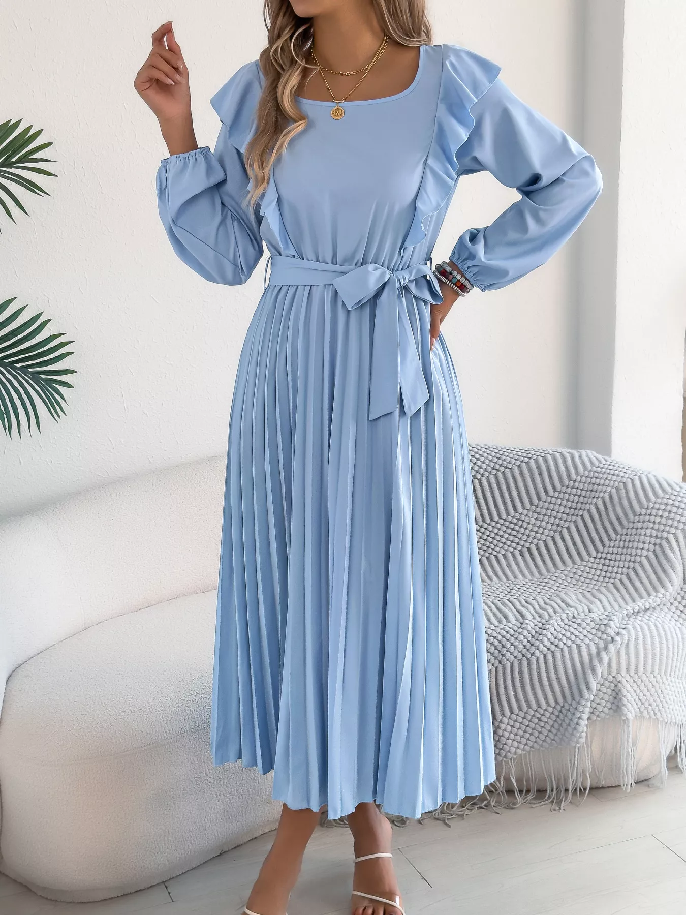 Ruffle Trim Pleated A-Line Midi Dress - Image 5