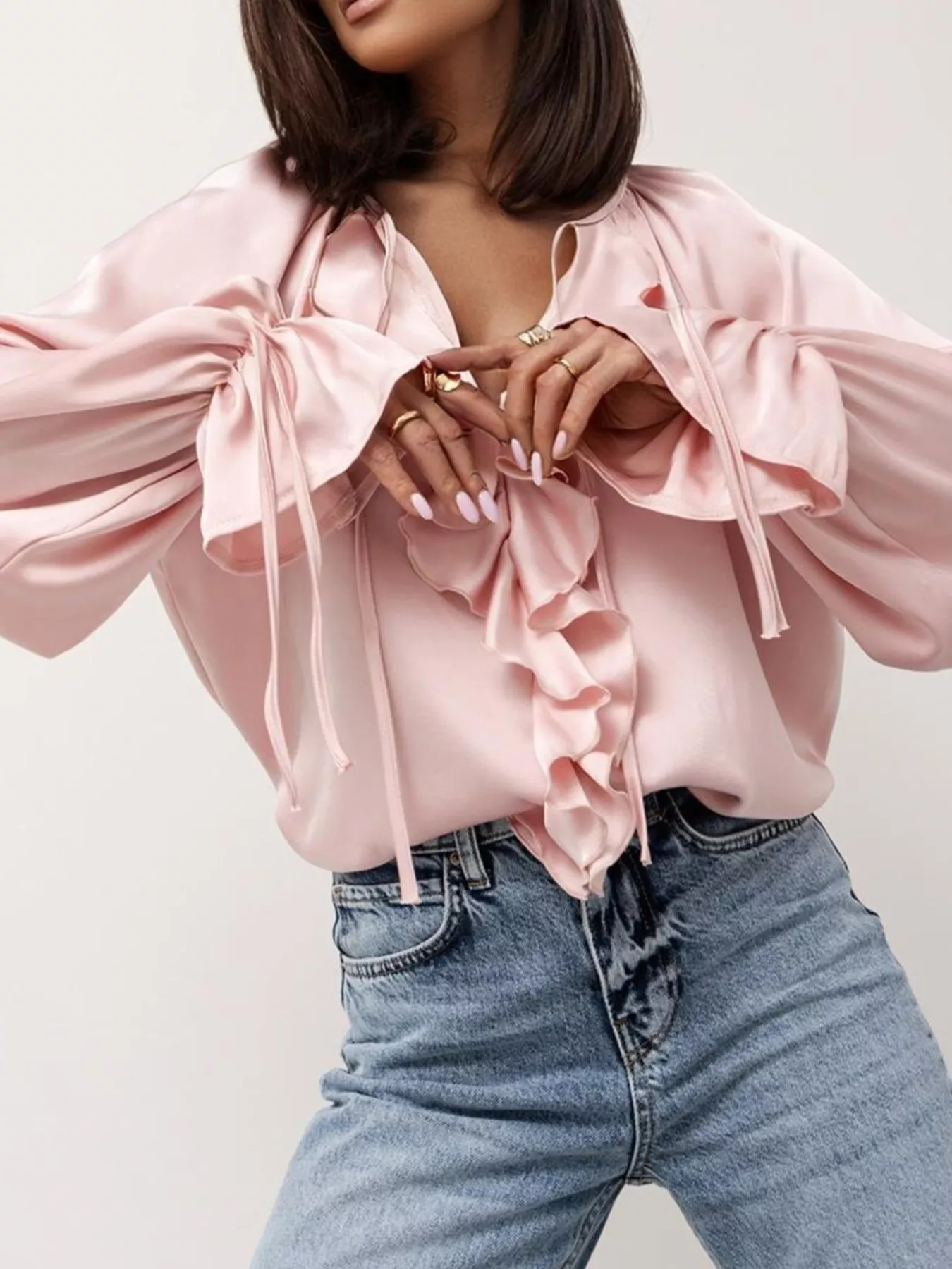 Ruffle Trim Satin Flounce Sleeve Blouse - Image 2