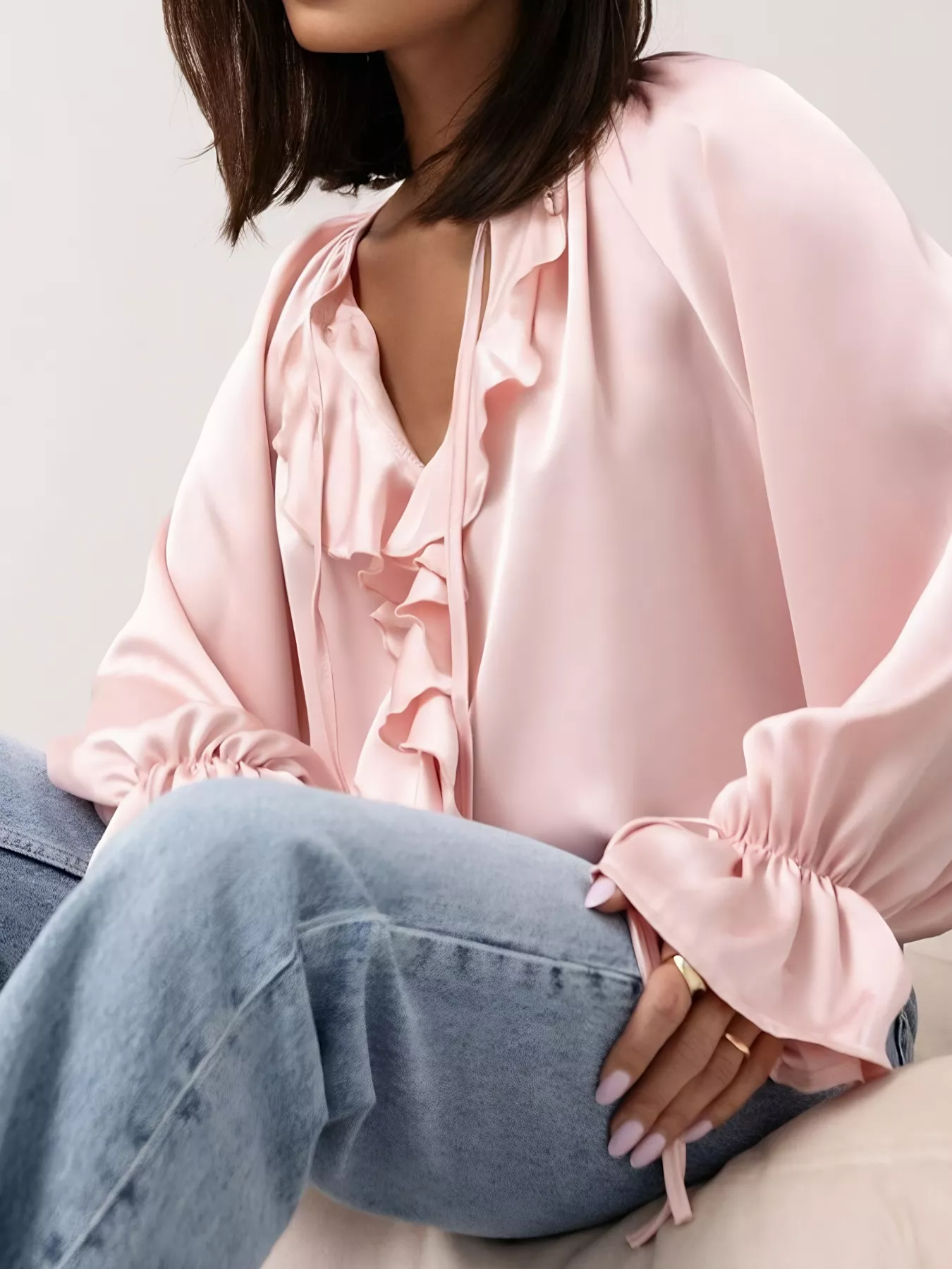 Ruffle Trim Satin Flounce Sleeve Blouse - Image 4