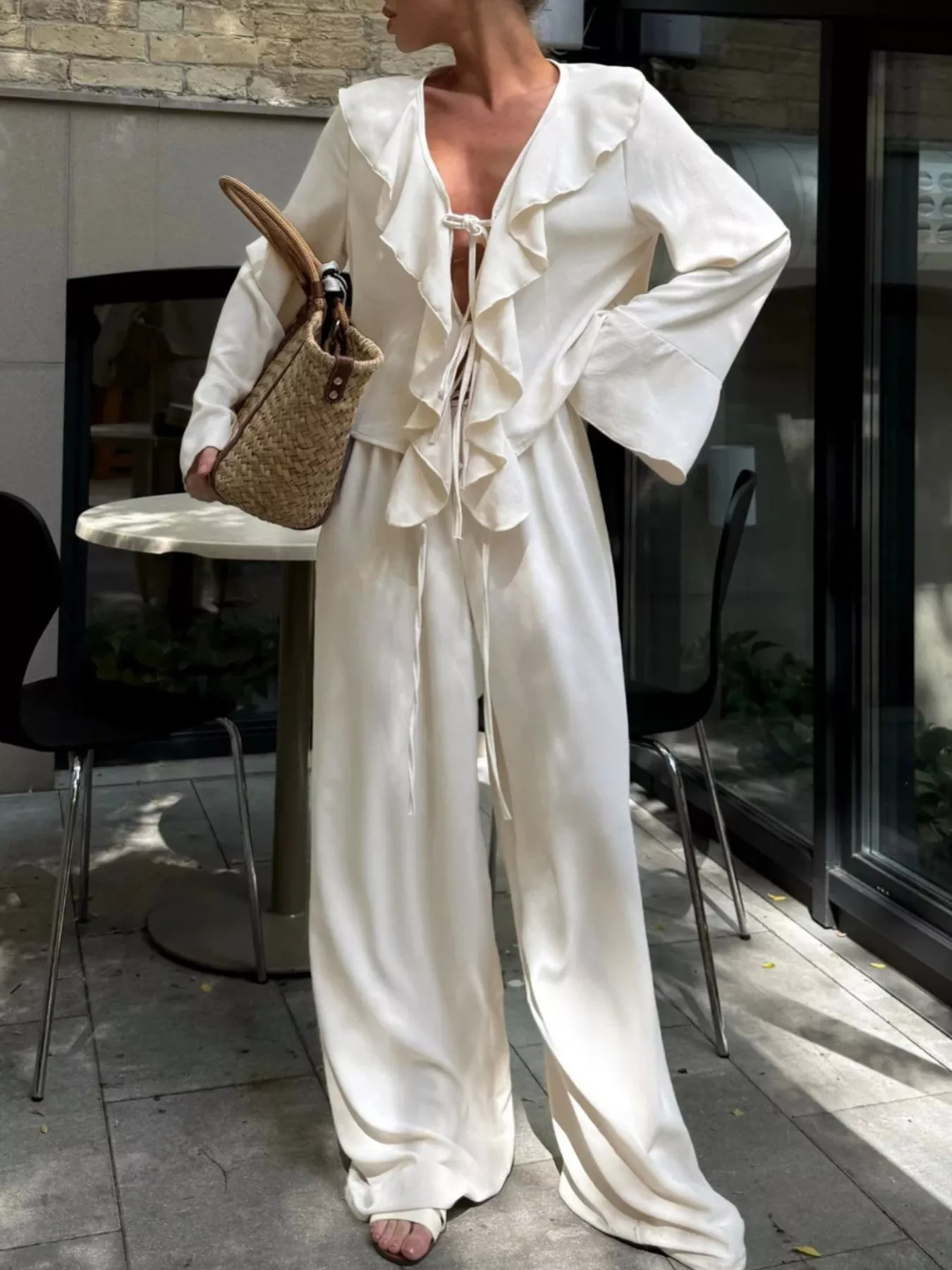 Ruffle Trim Tie Front Top and Pants Set - Image 2