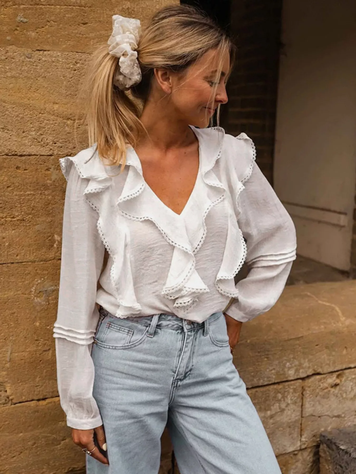 Ruffle Trim V-Neck Blouse - Image 3