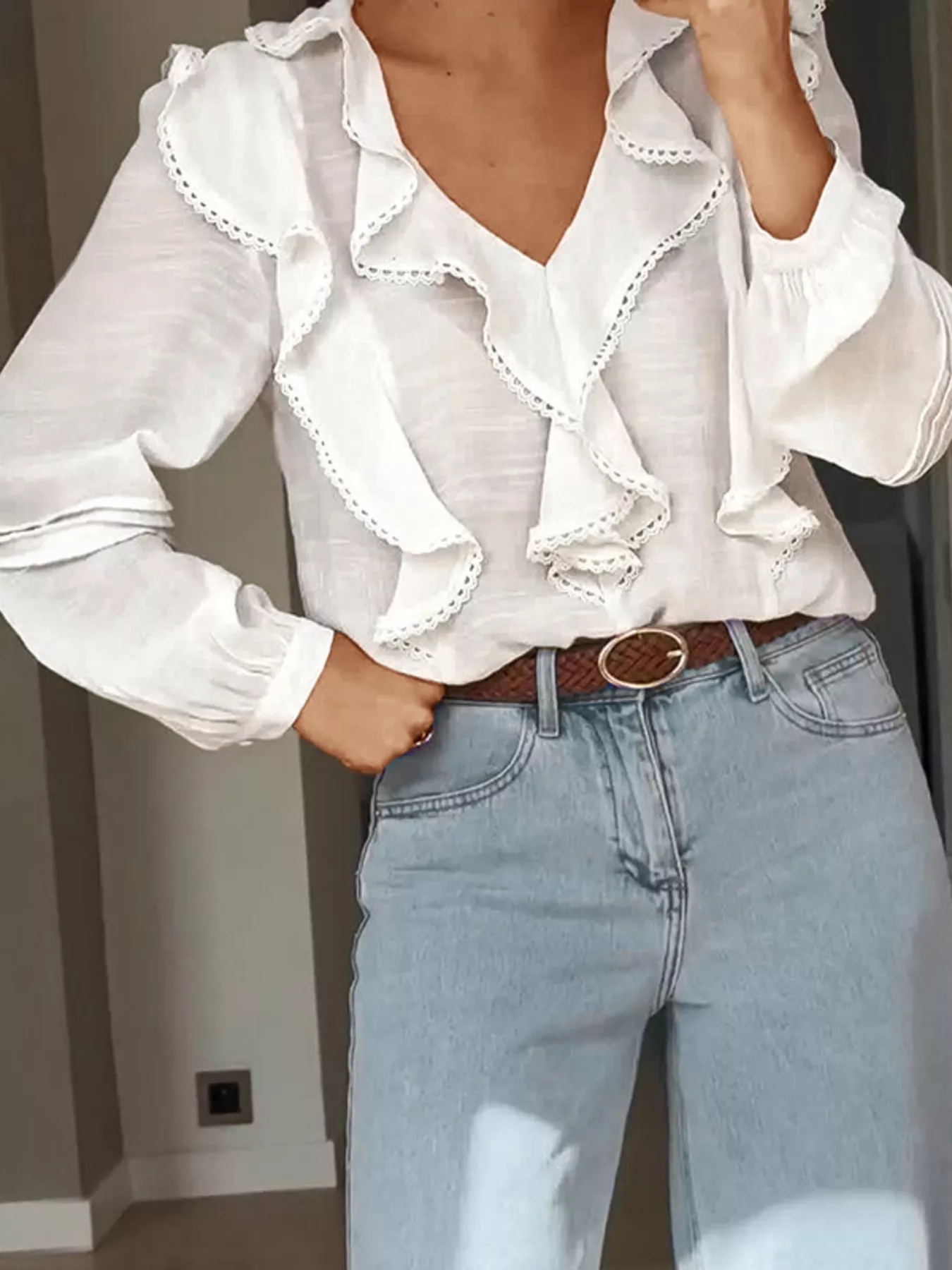 Ruffle Trim V-Neck Blouse - Image 4