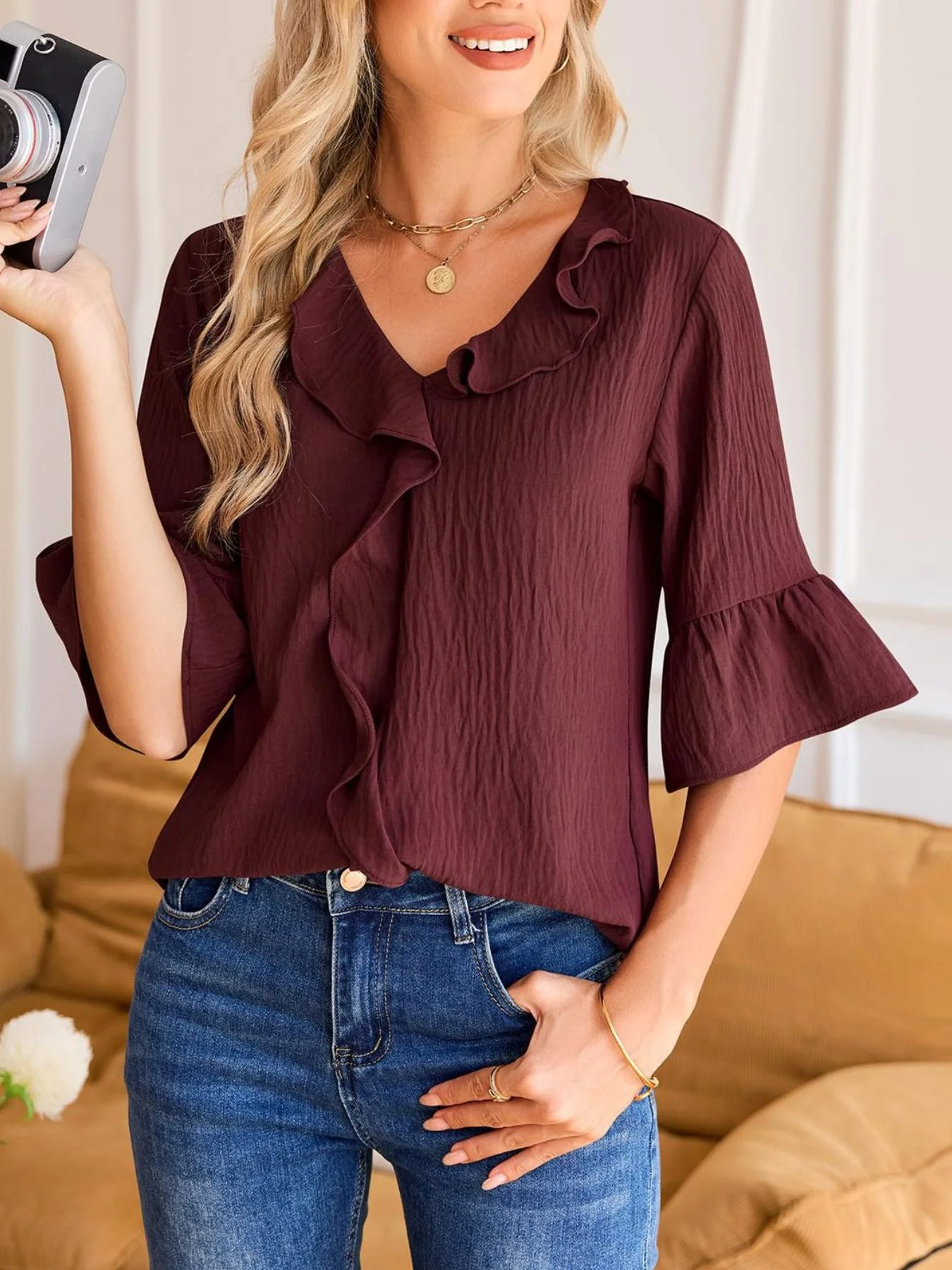 Ruffle V-Neck Flounce Sleeve Blouse - Image 19