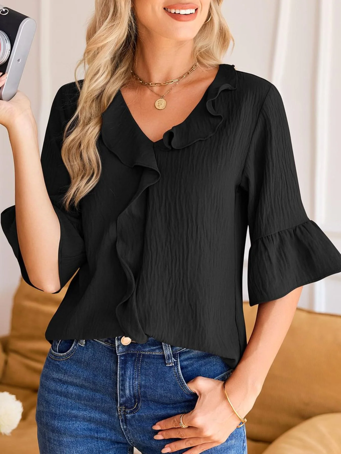 Ruffle V-Neck Flounce Sleeve Blouse - Image 7