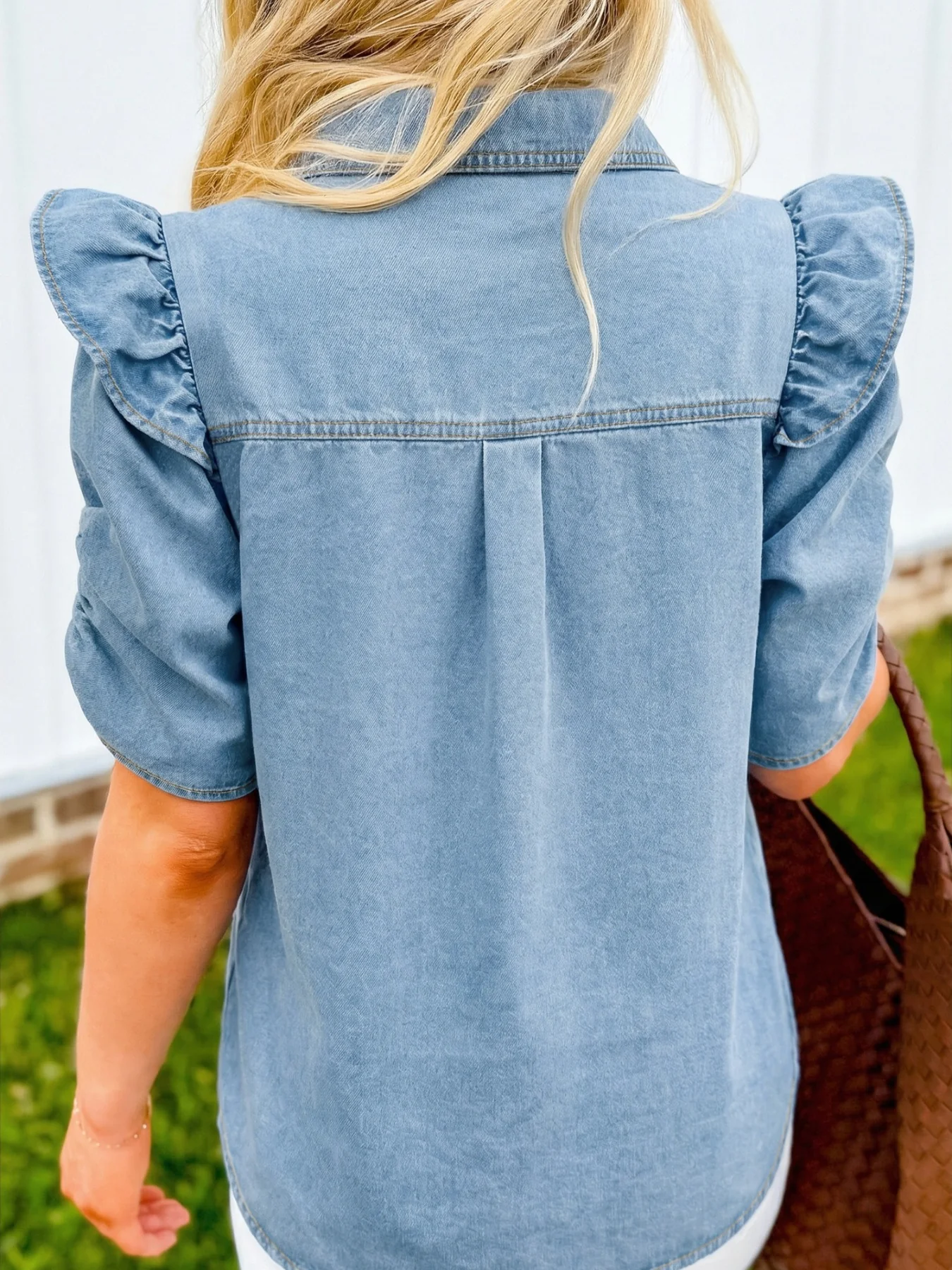 Ruffled Button-Down Denim Shirt - Image 2