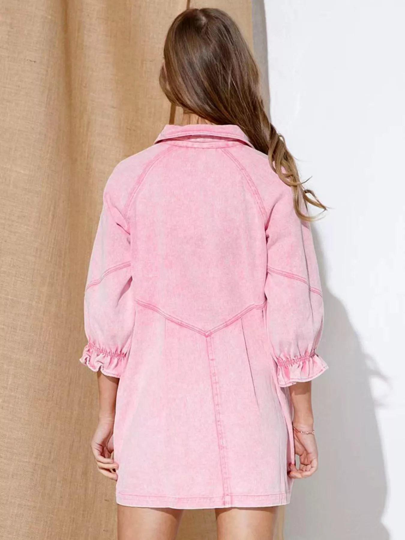 Ruffled Cuff Button-Down Denim Dress - Image 9