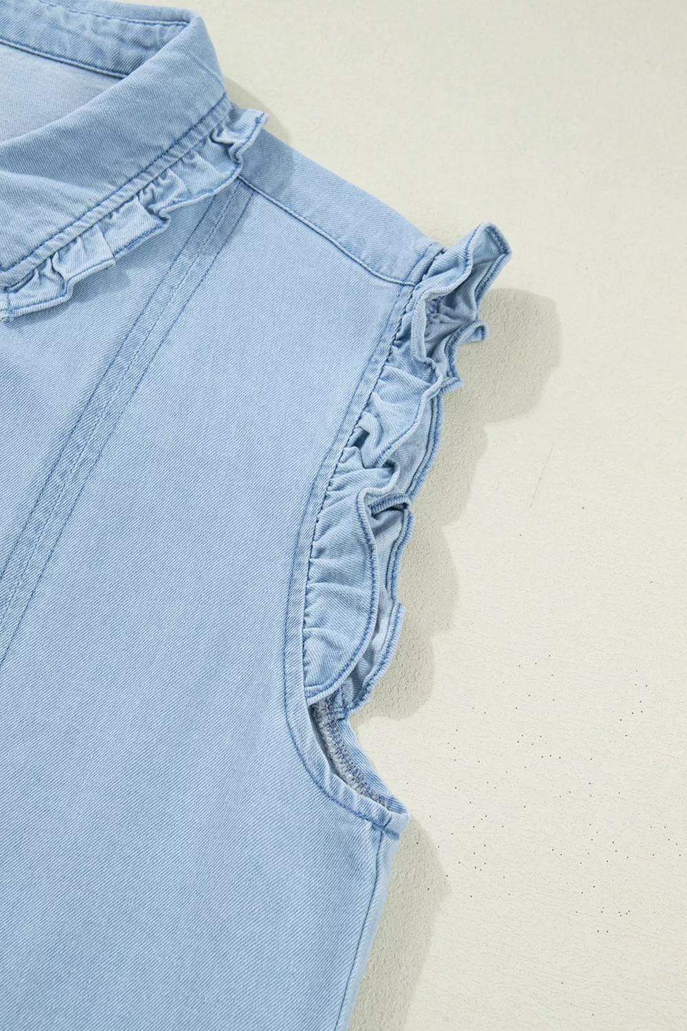 Ruffled Edge Collared Shift Denim Dress with Pockets - Image 12