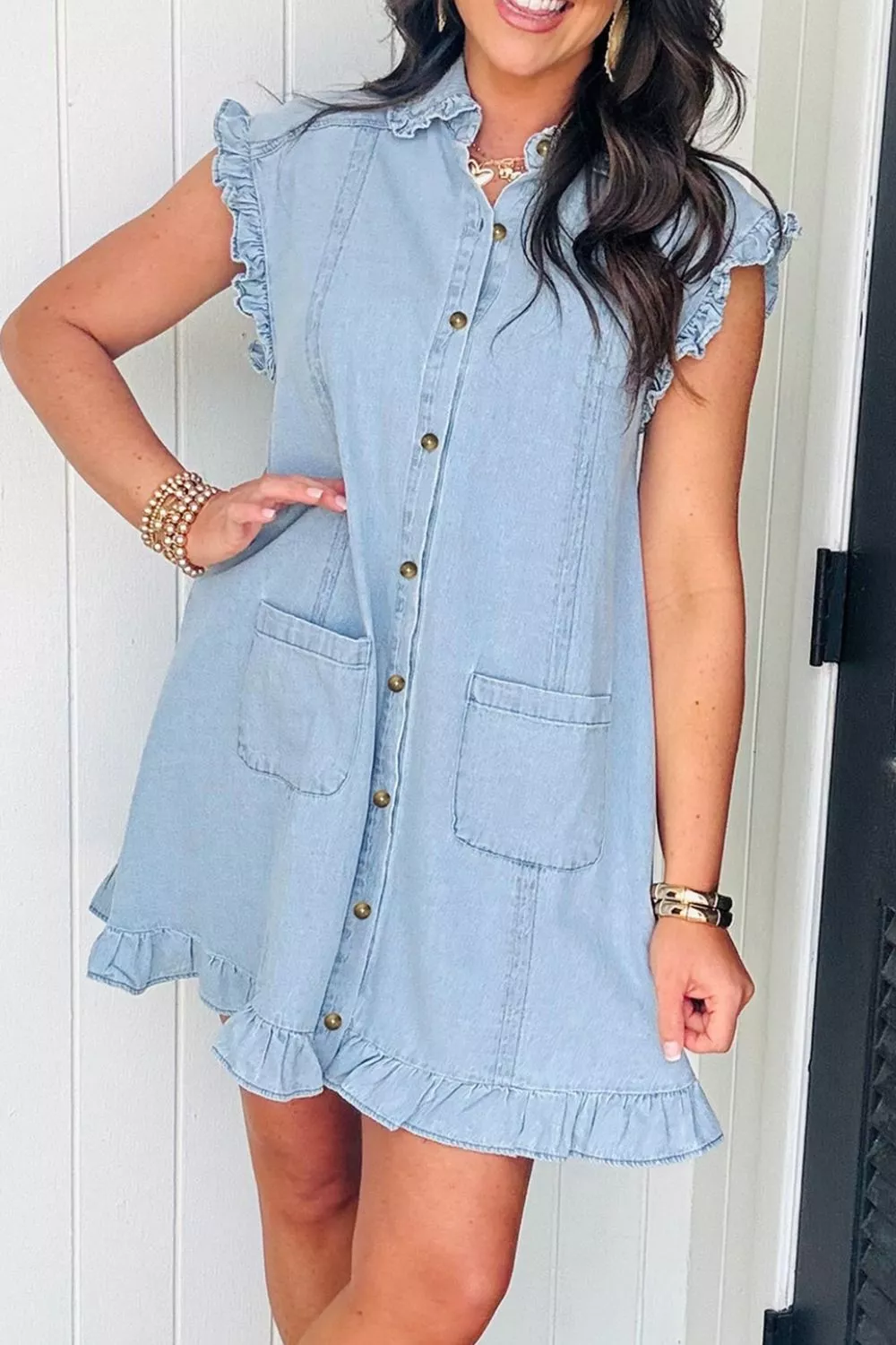 Ruffled Edge Collared Shift Denim Dress with Pockets - Image 6
