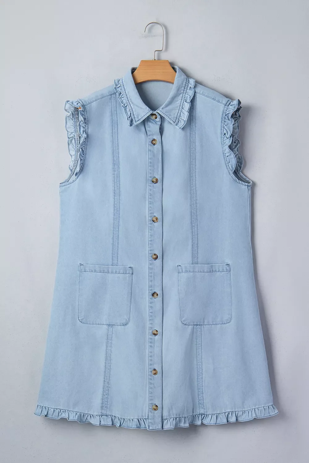 Ruffled Edge Collared Shift Denim Dress with Pockets - Image 8
