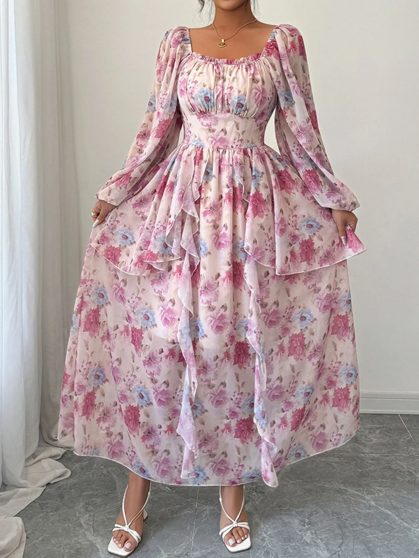 Ruffled Floral Print Balloon Sleeve Maxi Dress - Image 3