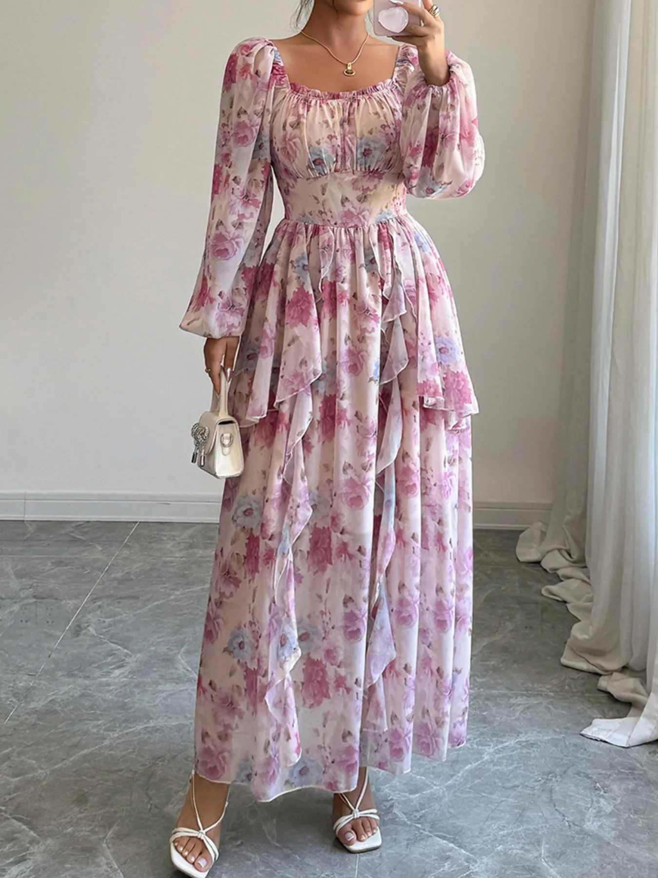 Ruffled Floral Print Balloon Sleeve Maxi Dress - Image 4