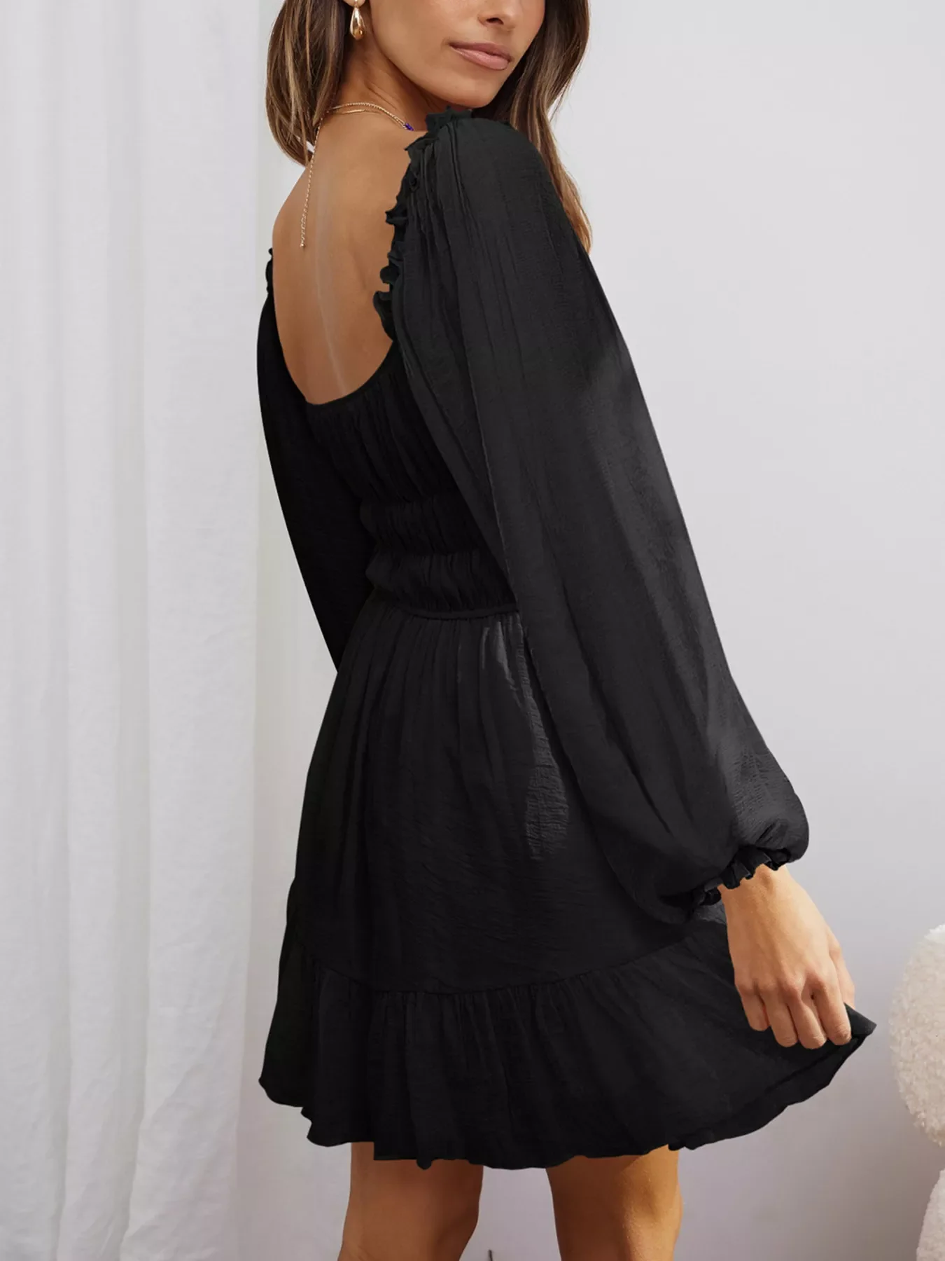 Ruffled Hem Balloon Sleeve Dress - Image 32