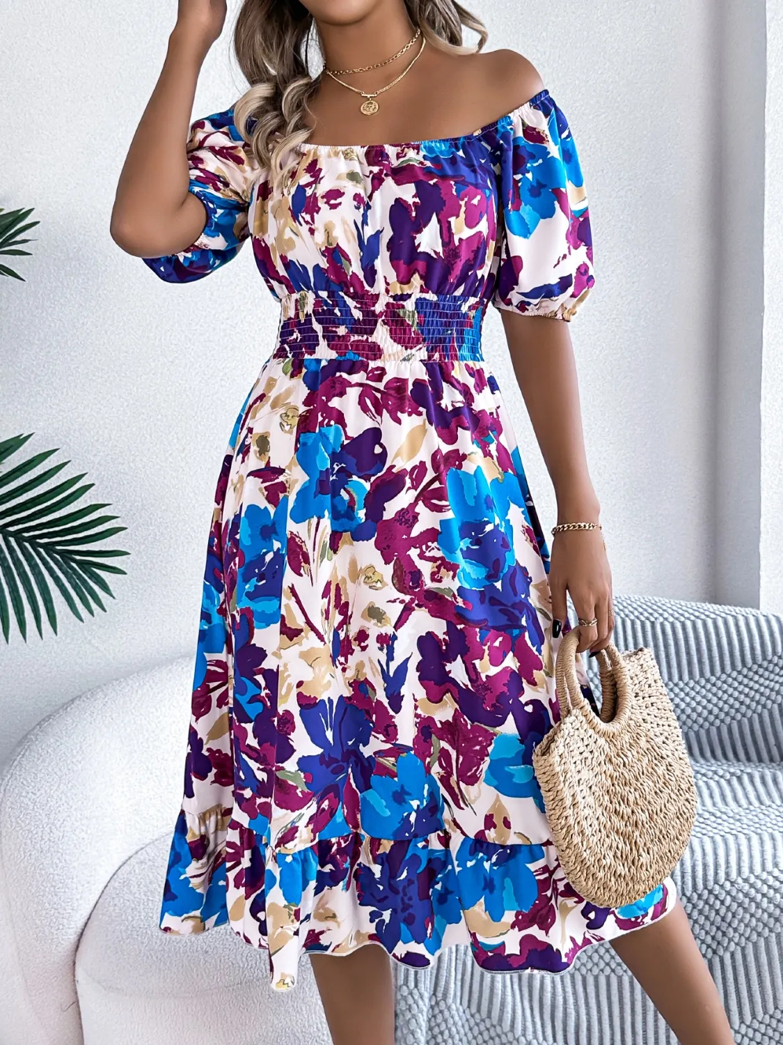 Ruffled Hem Smocked Floral Short Sleeve Midi Dress - Image 13