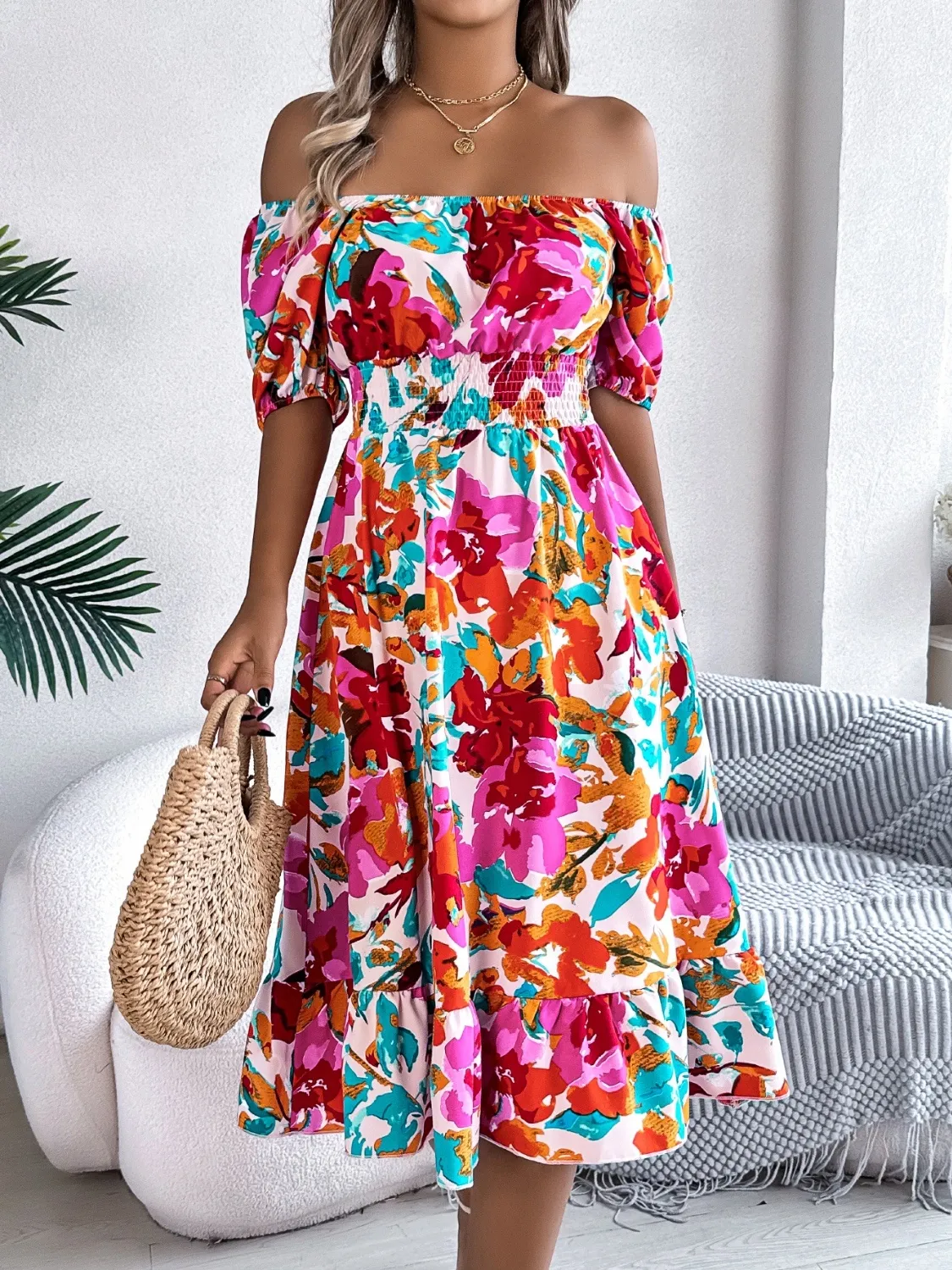 Ruffled Hem Smocked Floral Short Sleeve Midi Dress - Image 2