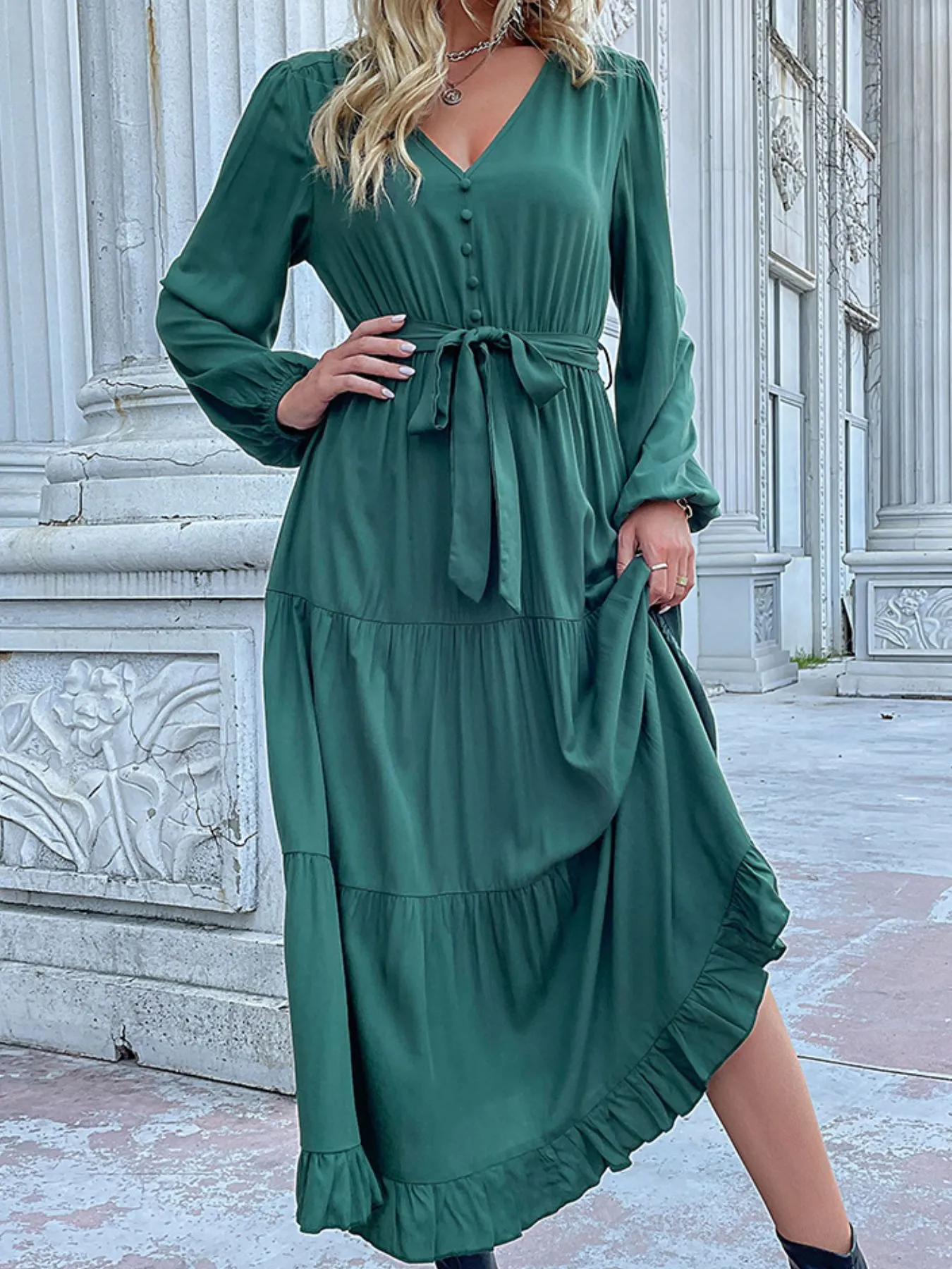 Ruffled Hem V-Neck Balloon Sleeve Dress - Image 2