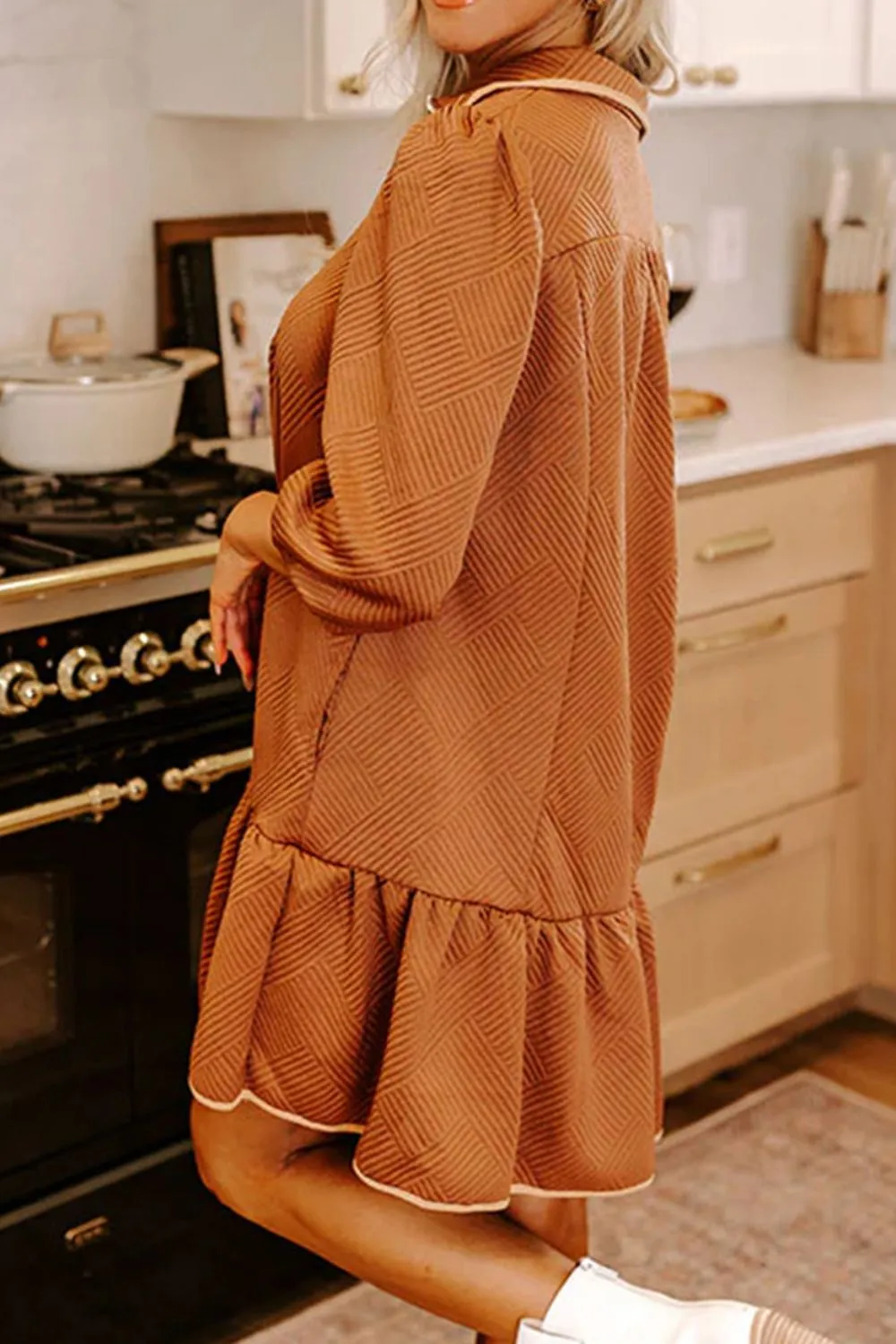 Ruffled Hem Zip Front Texture Dress - Image 4