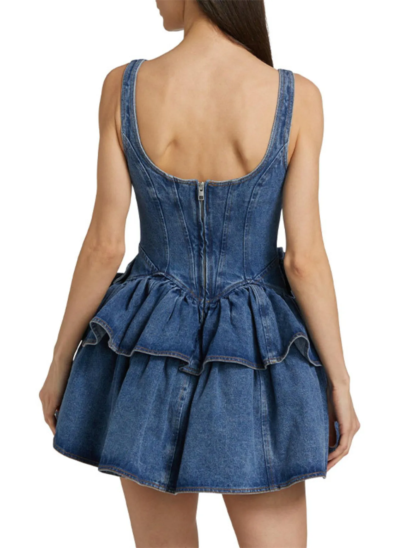 Ruffled Layered Scoop Neck Denim Dress - Image 3