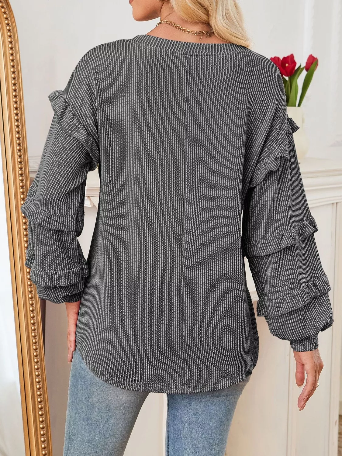 Ruffled Long Sleeve Knit T-Shirt - Image 5