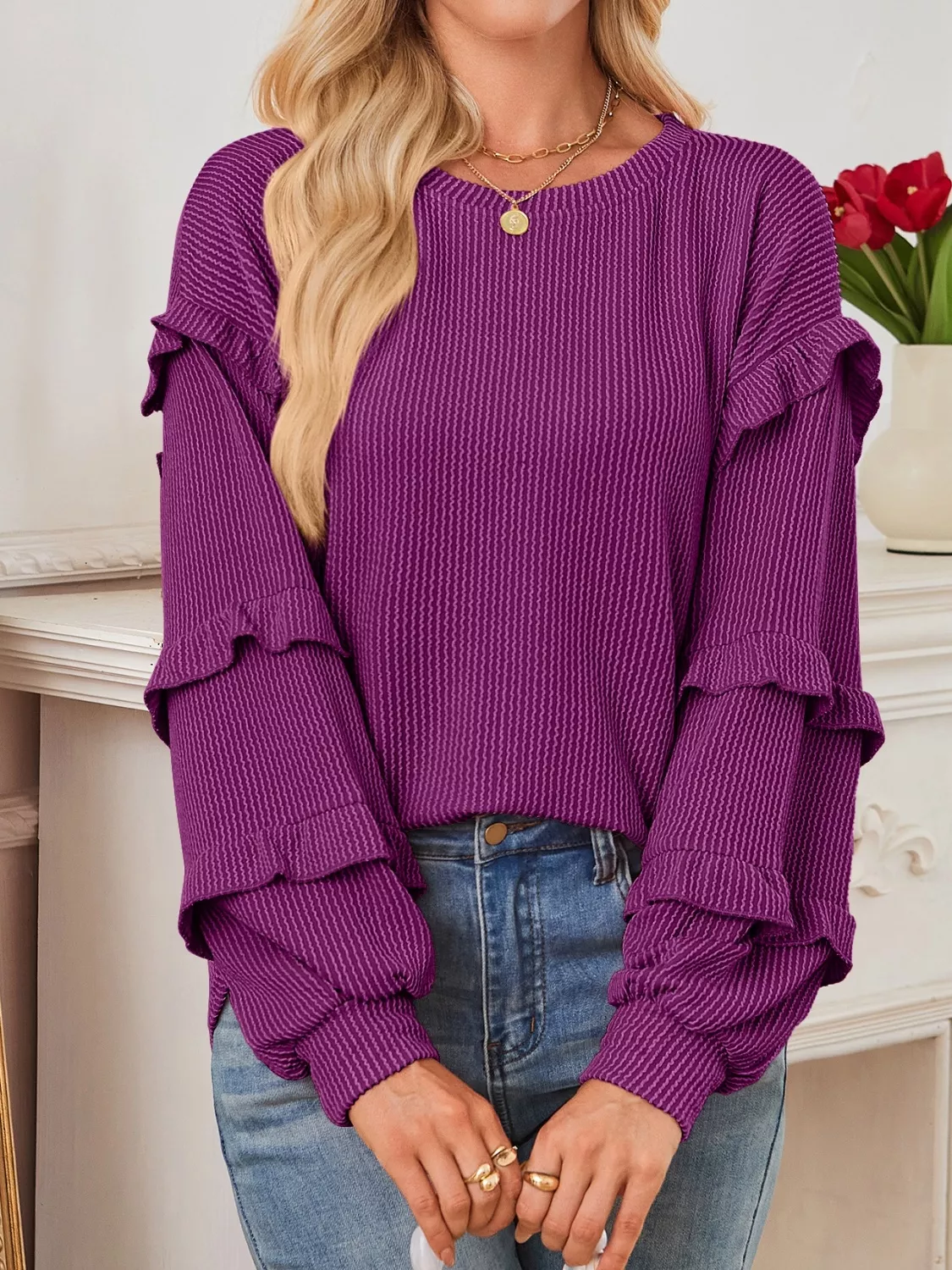 Ruffled Long Sleeve Knit T-Shirt - Image 6