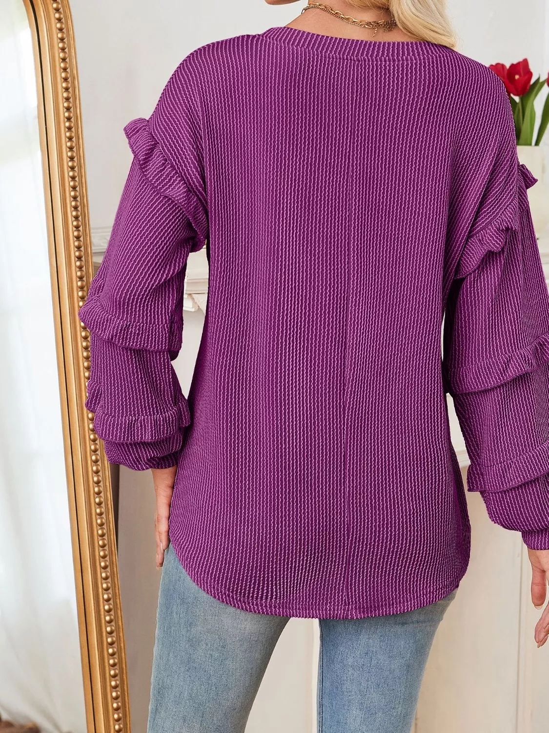 Ruffled Long Sleeve Knit T-Shirt - Image 9