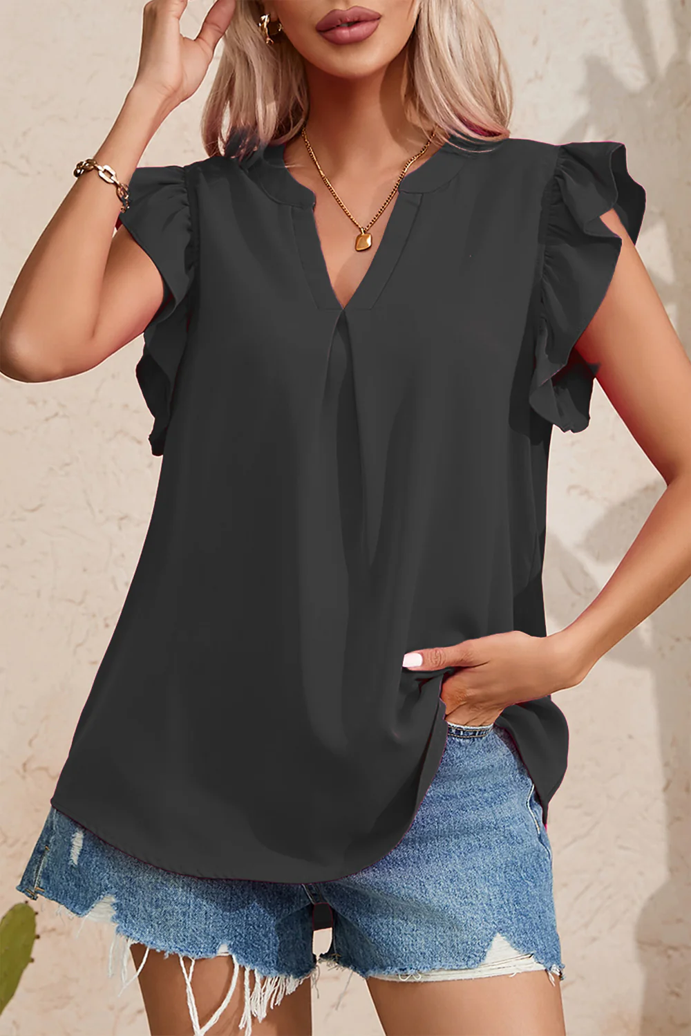 Ruffled Notched Cap Sleeve Blouse - Image 7