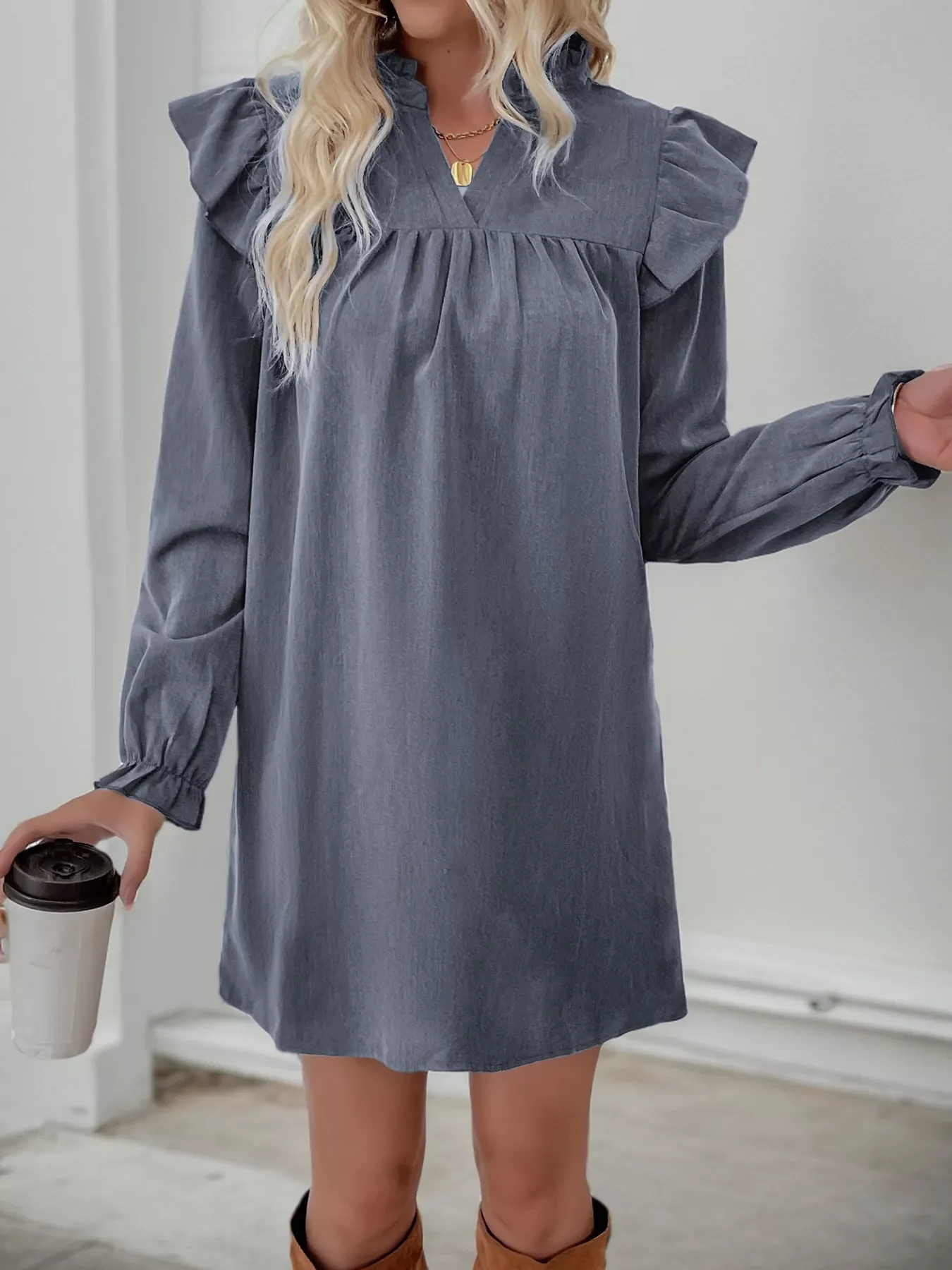 Ruffled Notched Flounce Sleeve Dress - Image 10