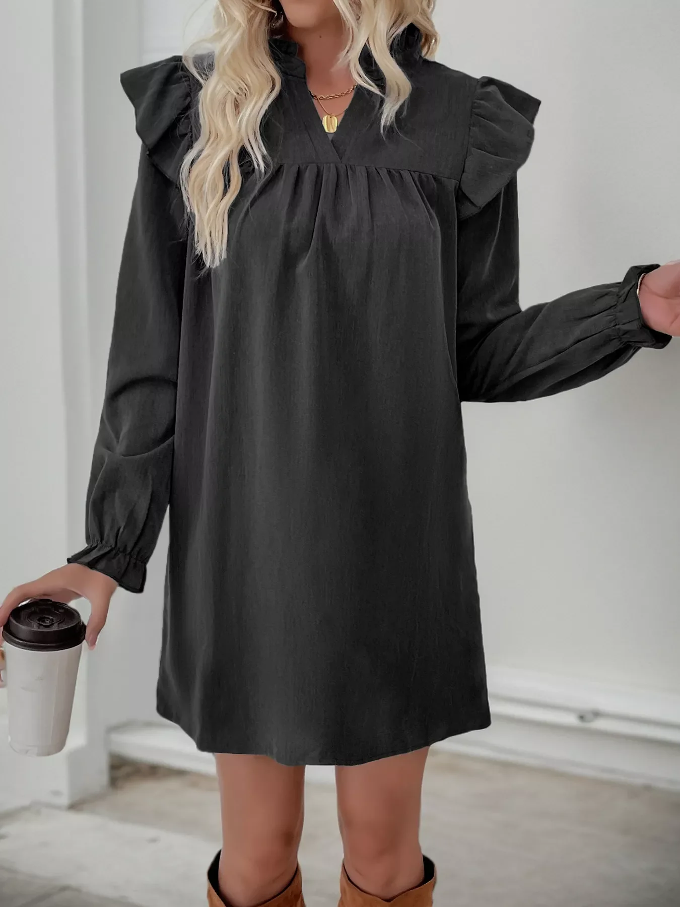 Ruffled Notched Flounce Sleeve Dress - Image 2