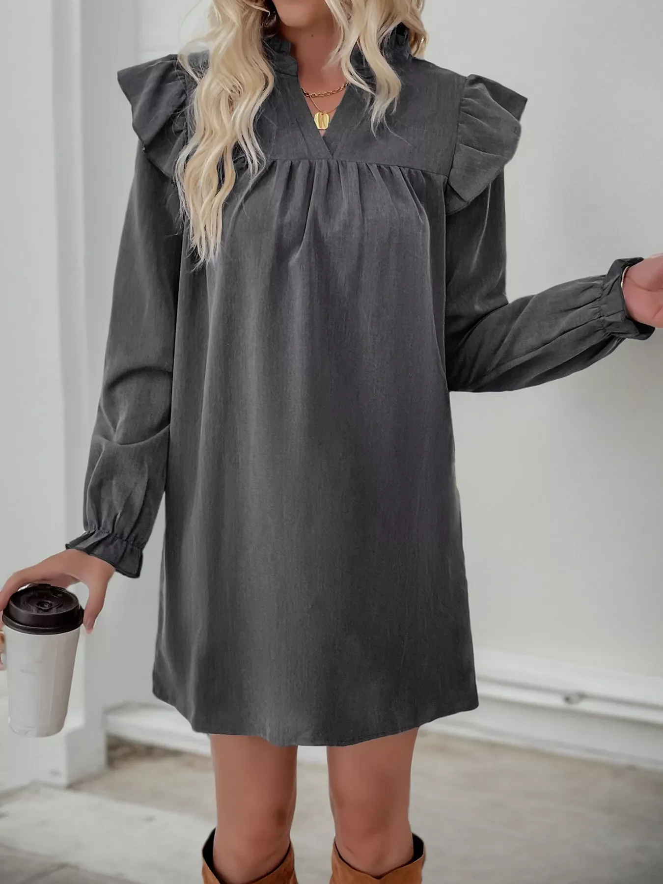 Ruffled Notched Long Sleeve Dress - Image 8