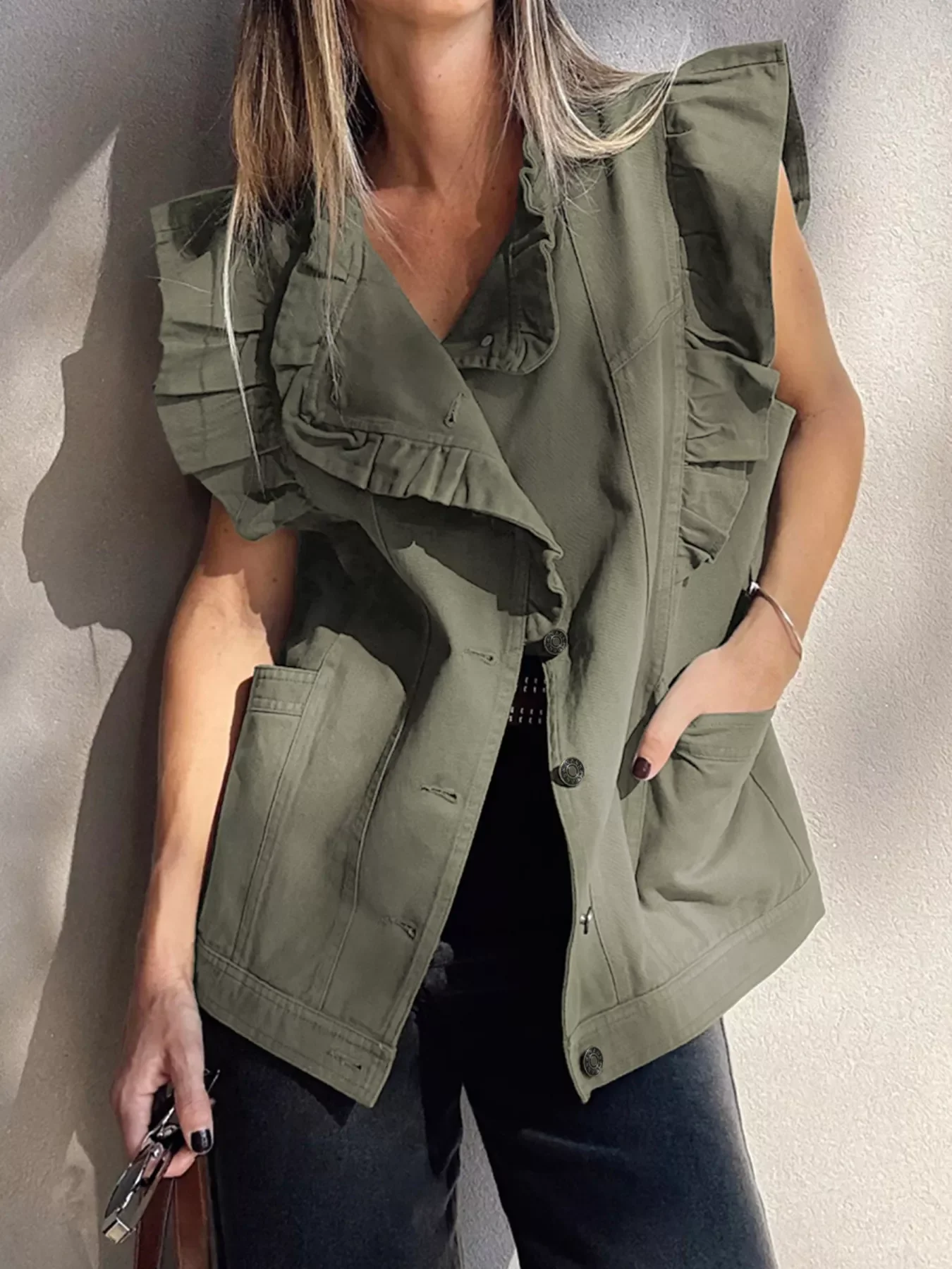 Ruffled Patchwork Denim Jacket Vest - Image 3
