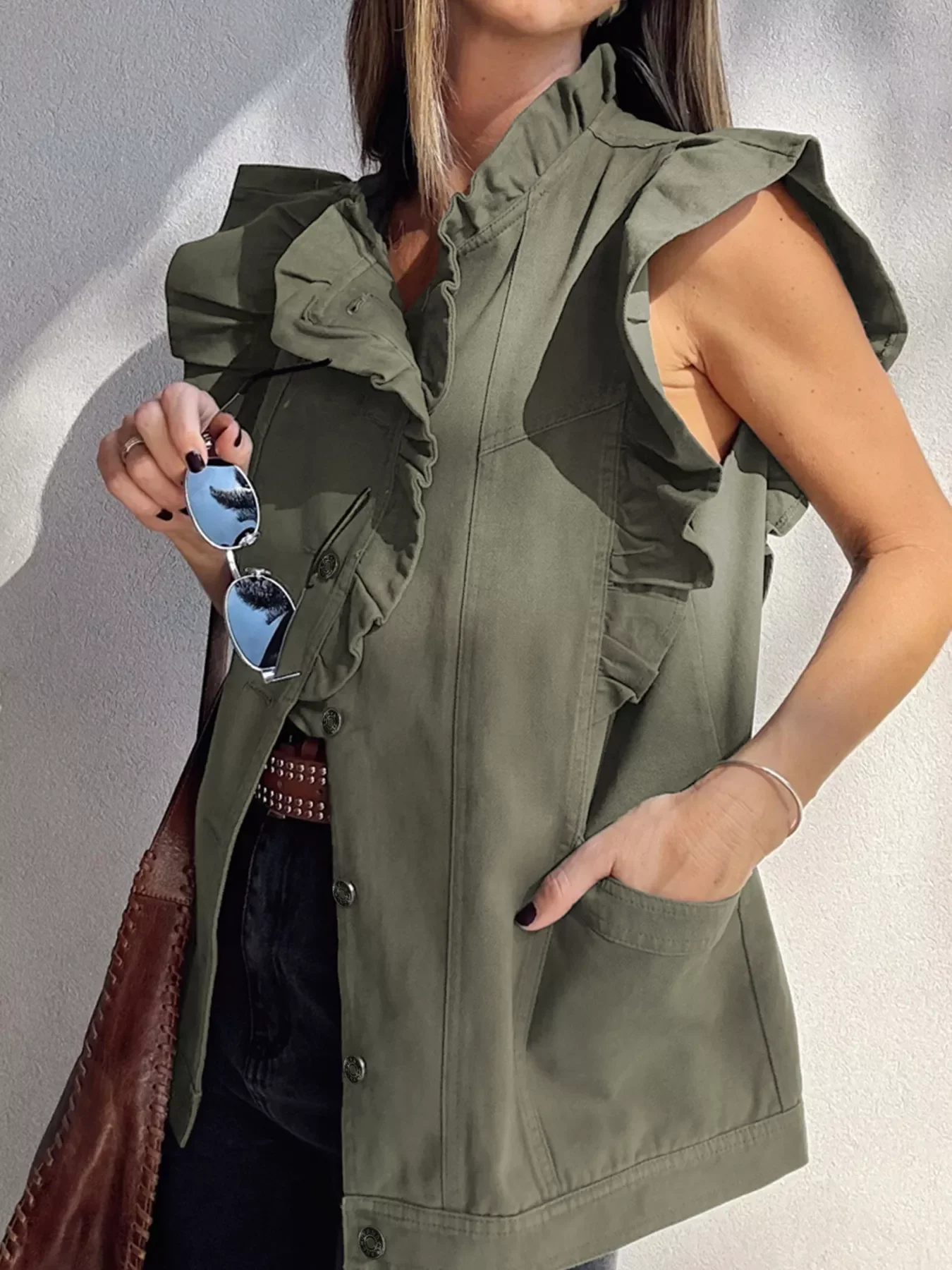 Ruffled Patchwork Denim Jacket Vest - Image 4
