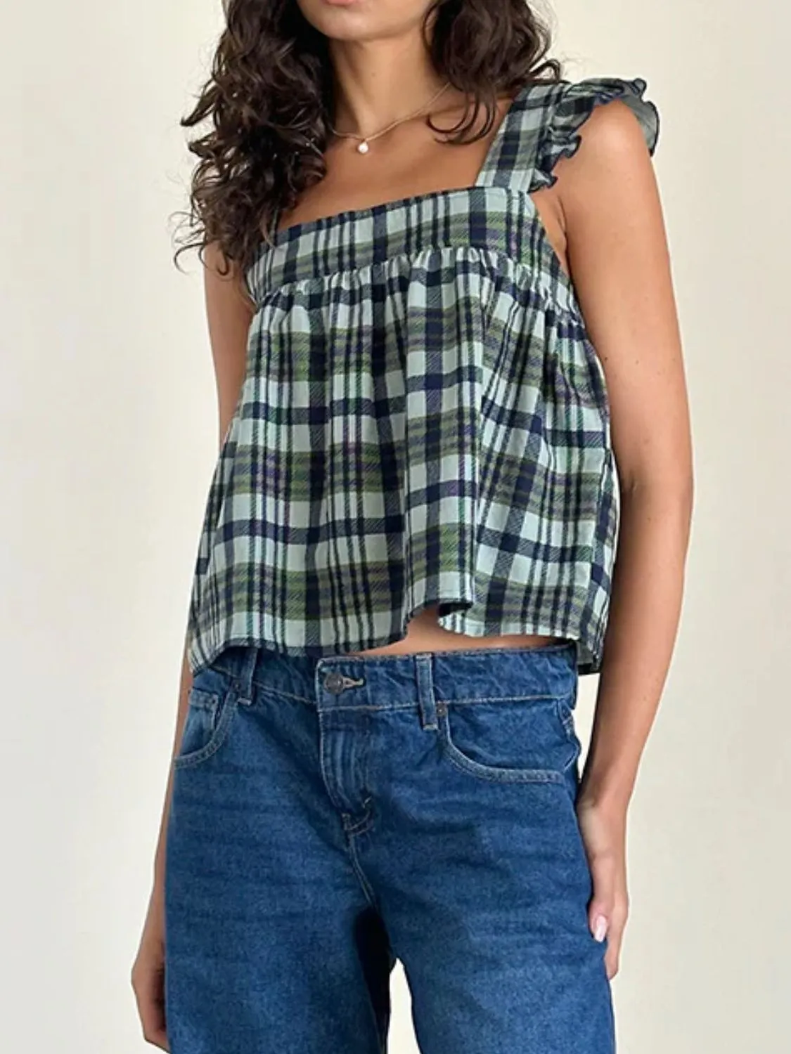 Ruffled Plaid Square Neck Tank - Image 4