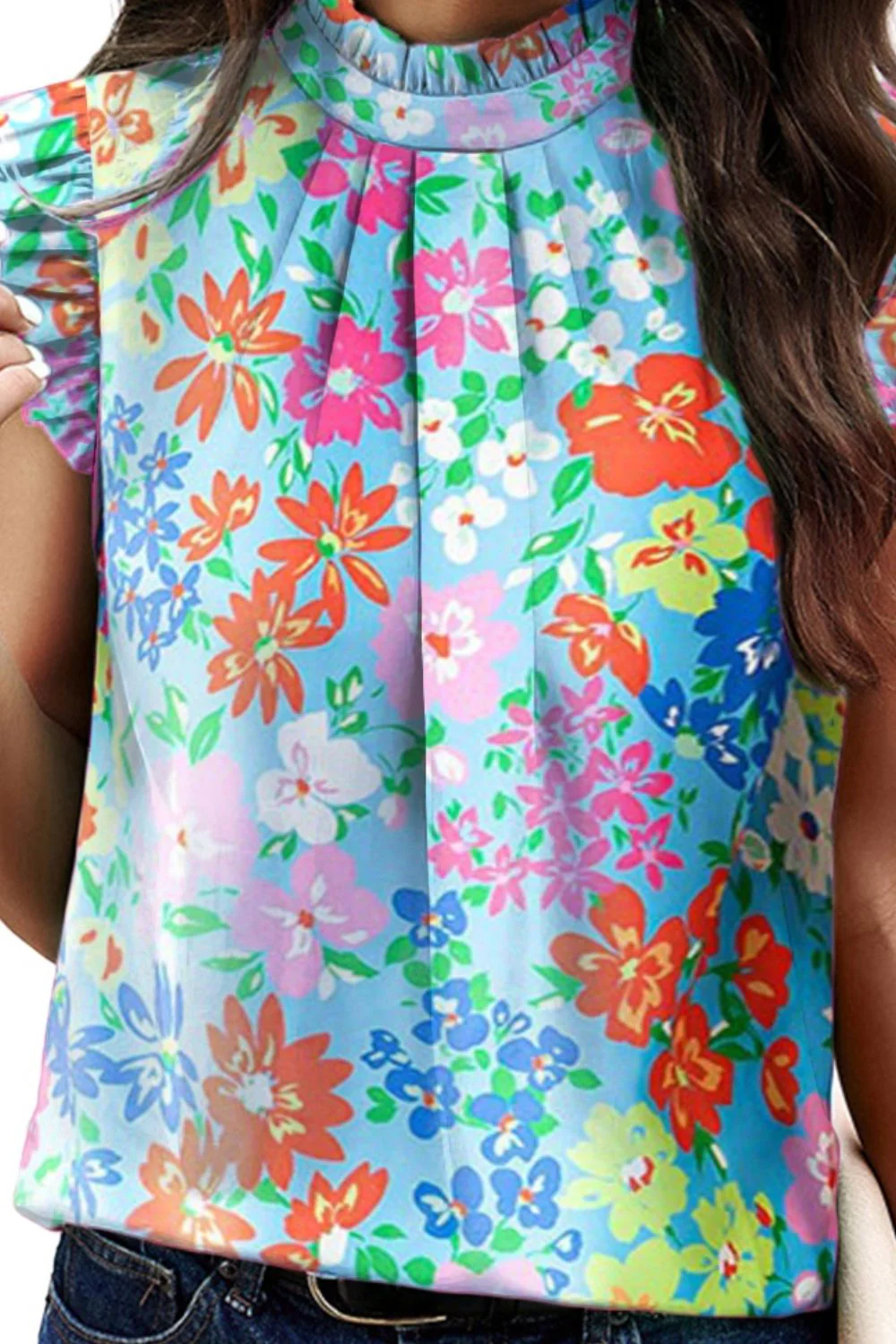 Ruffled Printed Mock Neck Cap Sleeve Blouse - Image 6