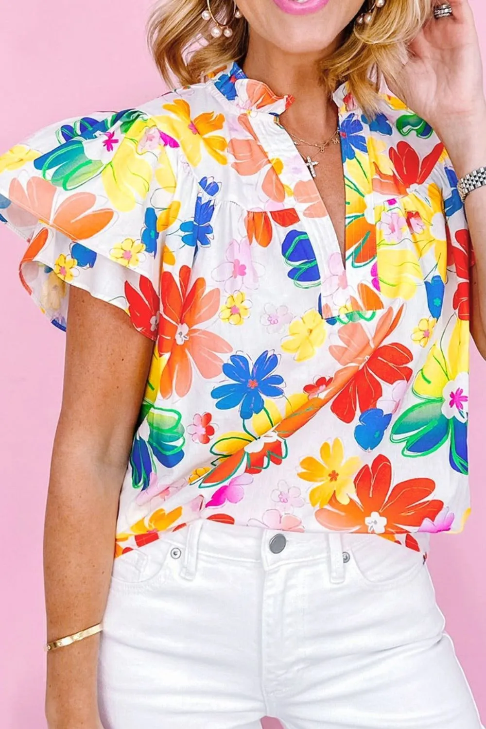 Ruffled Printed Notched Cap Sleeve Blouse - Image 6