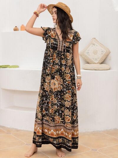 Ruffled Printed Tie Neck Cap Sleeve Dress - Image 5