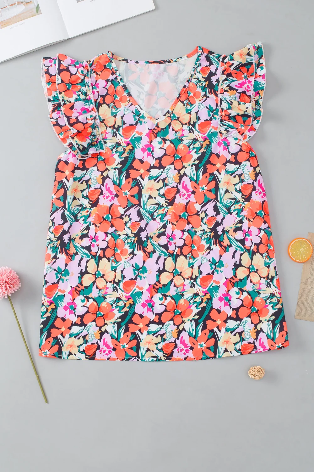 Ruffled Printed V-Neck Cap Sleeve Blouse - Image 2