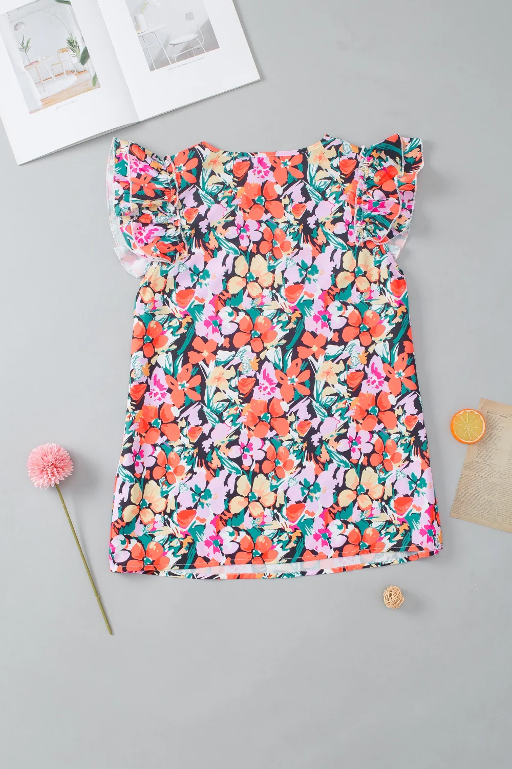 Ruffled Printed V-Neck Cap Sleeve Blouse - Image 3
