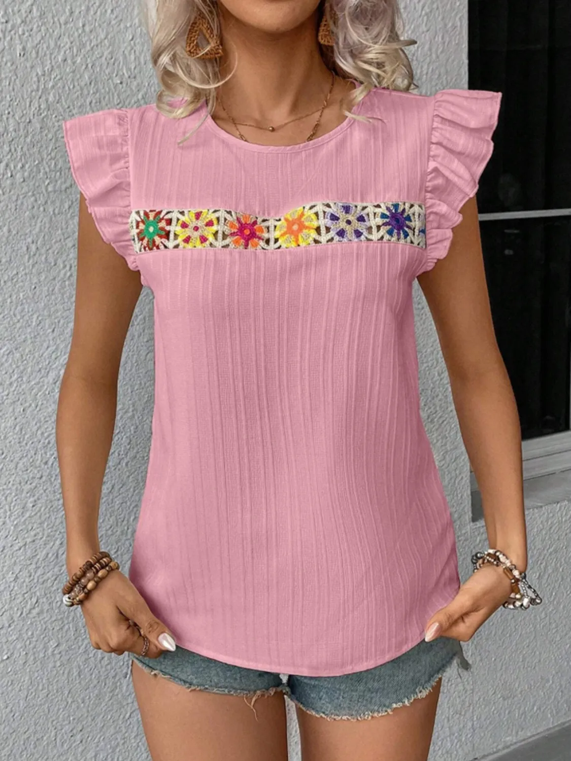 Ruffled Round Neck Cap Sleeve Blouse - Image 15