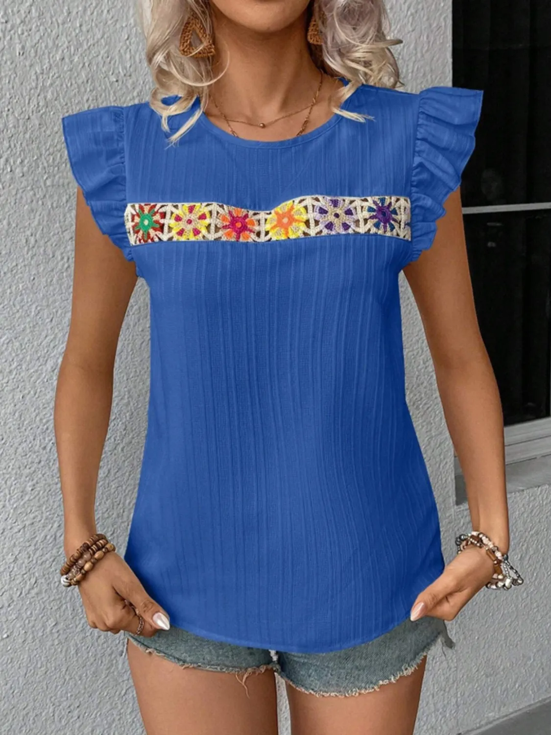 Ruffled Round Neck Cap Sleeve Blouse - Image 26