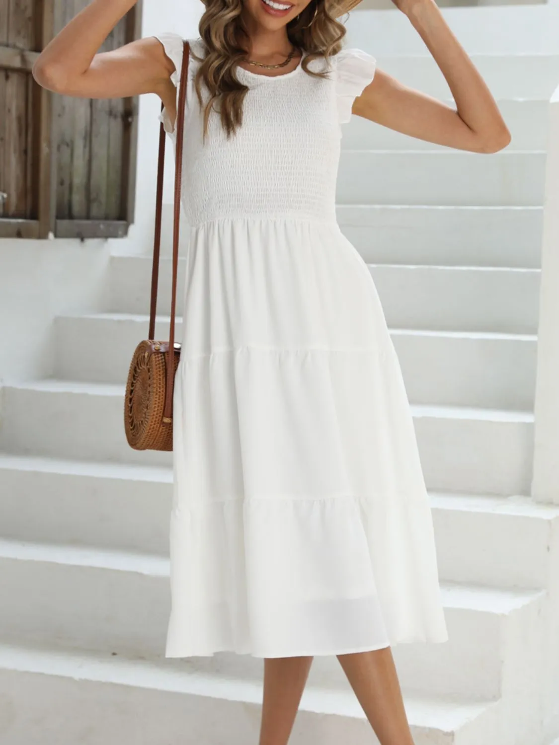 Ruffled Round Neck Cap Sleeve Dress - Image 3